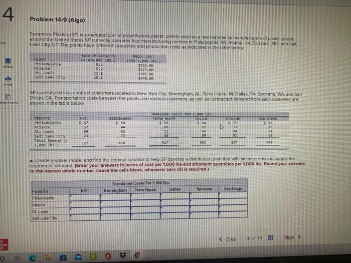 4 Problem 14-9 (Algo) Sycamore Plastics (SP is