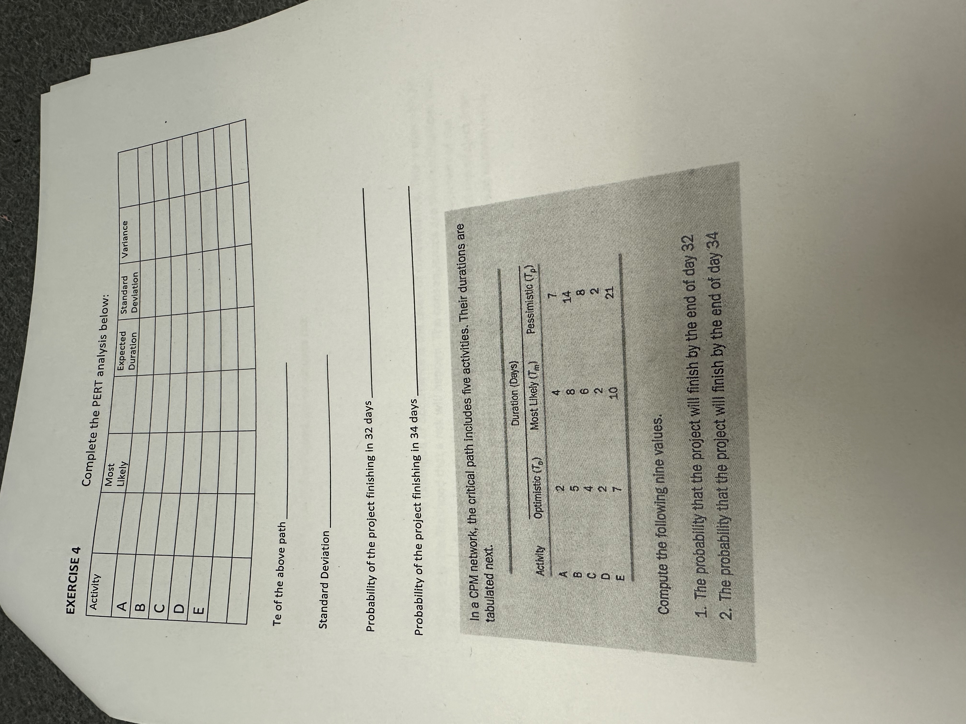 EXERCISE 4 Complete the PERT analysis below: \