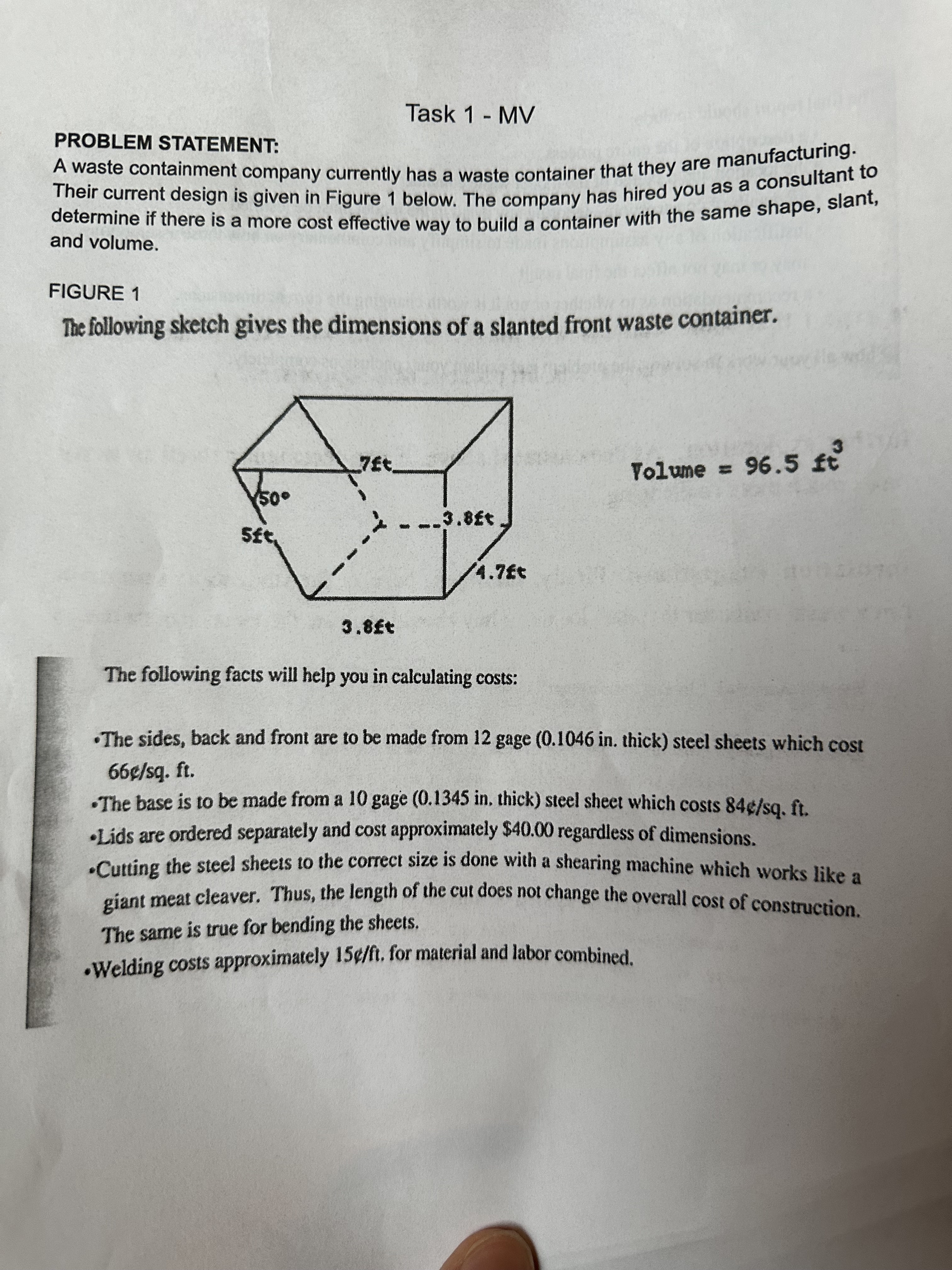Task 1 - MV PROBLEM STATEMENT: A waste