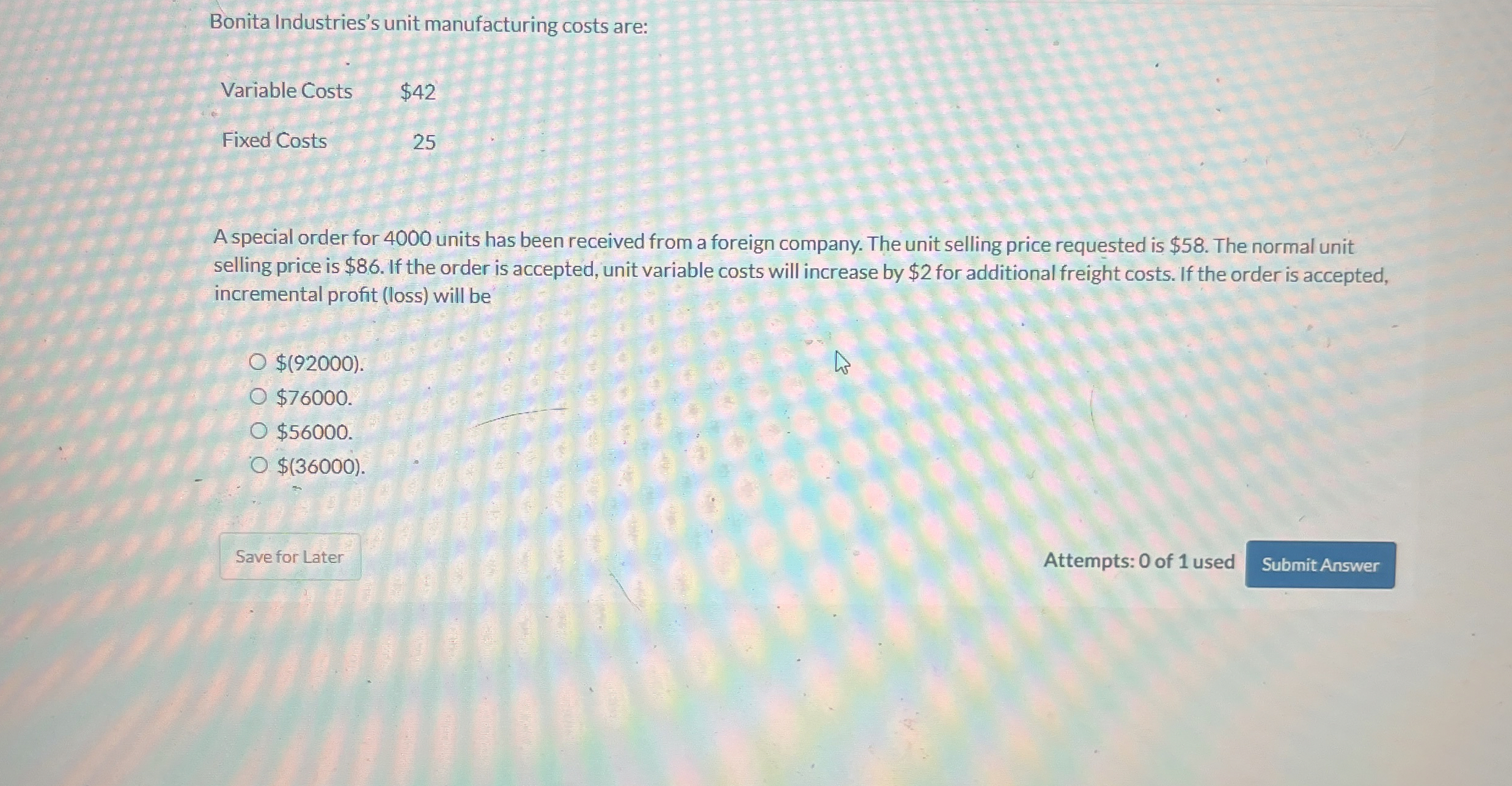Bonita Industries's unit manufacturing costs are: