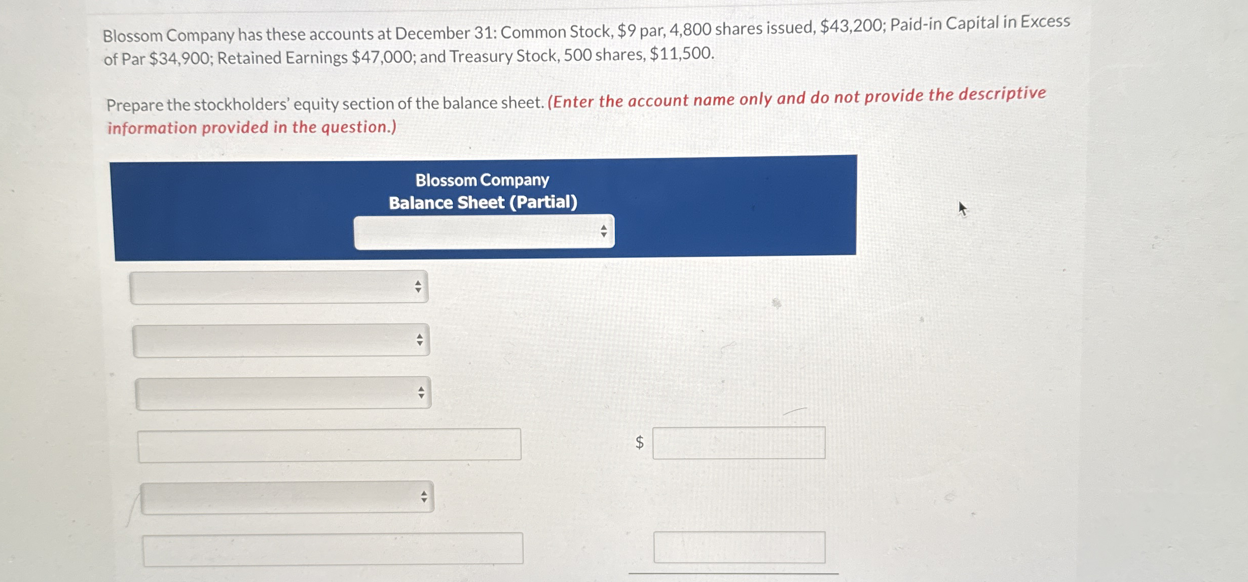 Blossom Company has these accounts at December 3