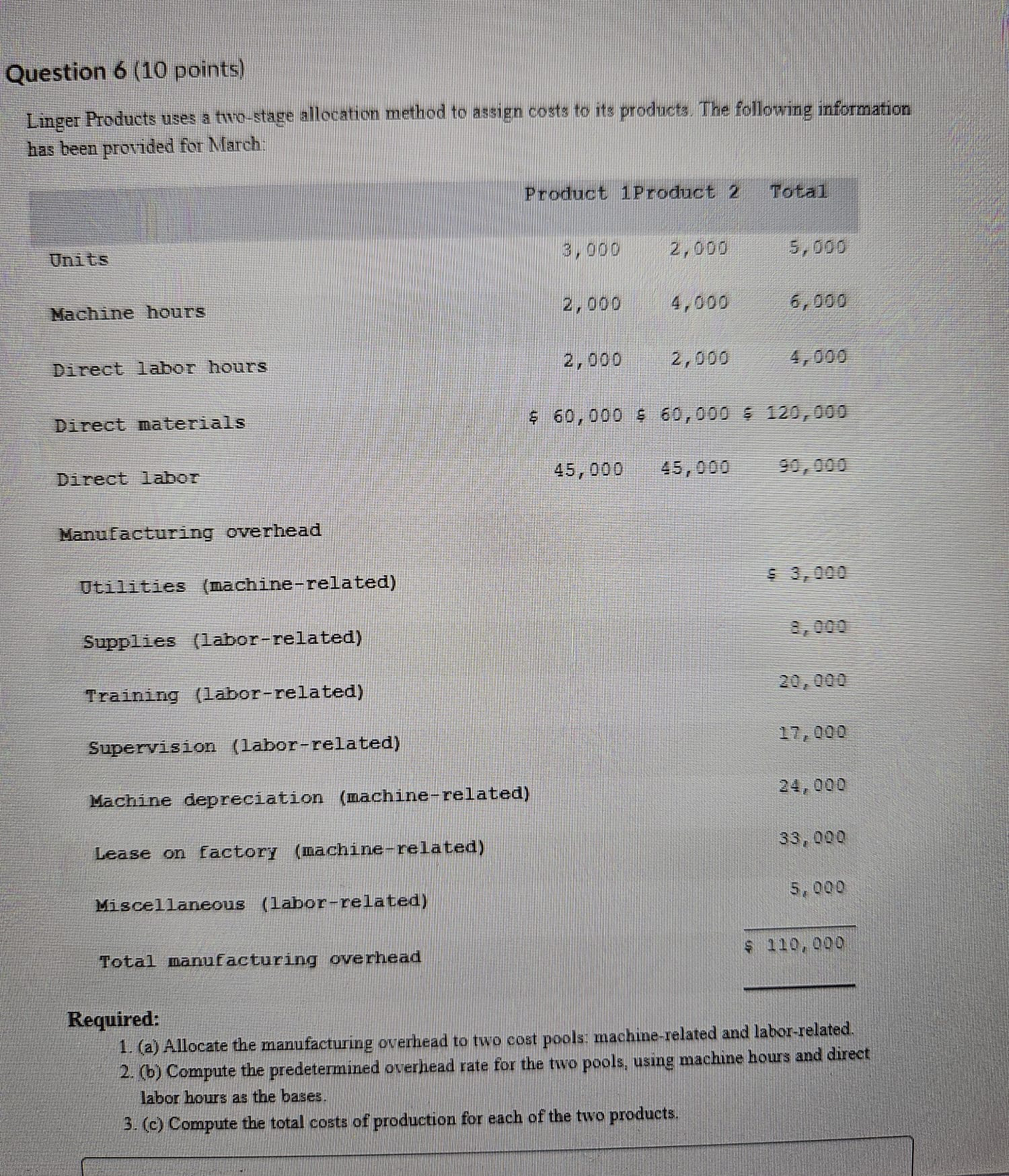 Question 6 ( 1 0 points ) Linger Products uses a