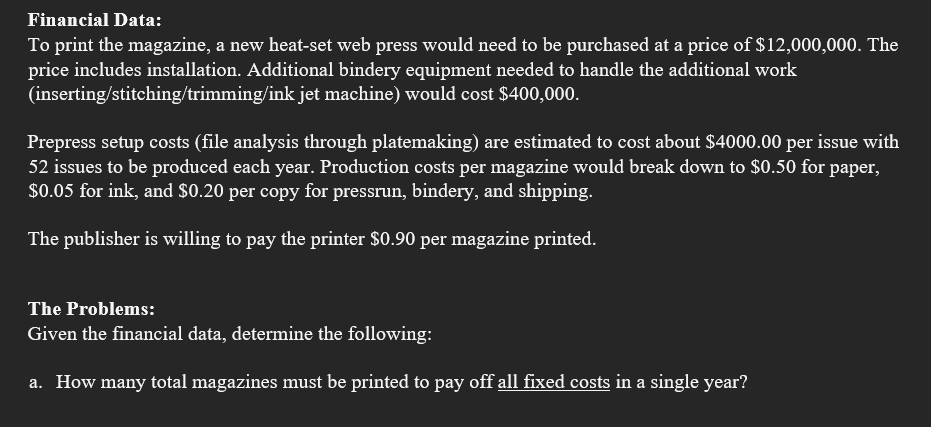 Financial Data: To print the magazine, a new