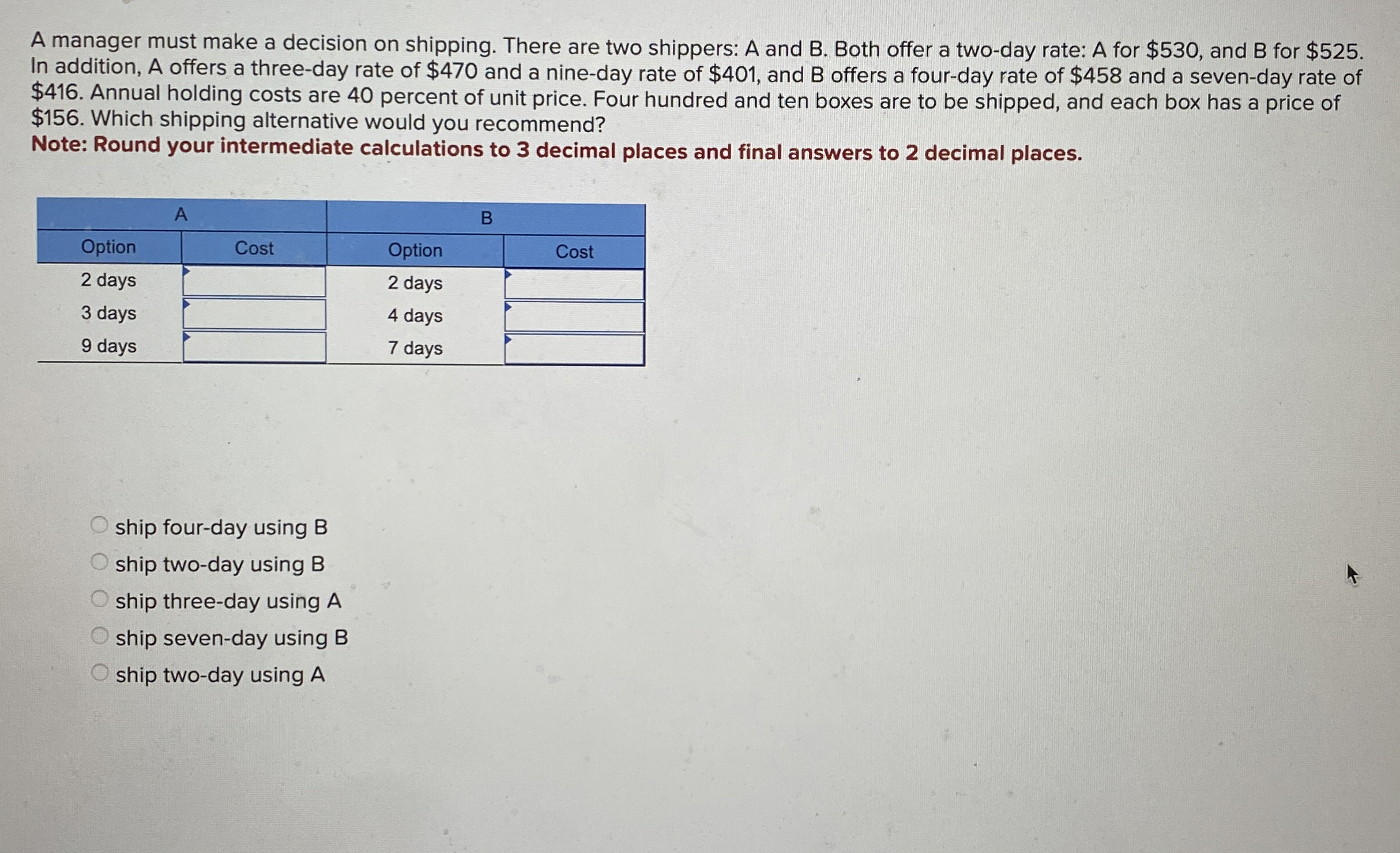 A manager must make a decision on shipping. There