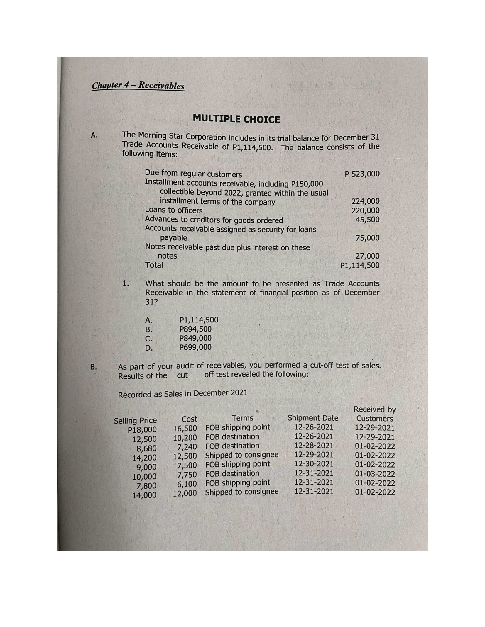 Chapter 4 - Receivables MULTIPLE CHOICE A . The