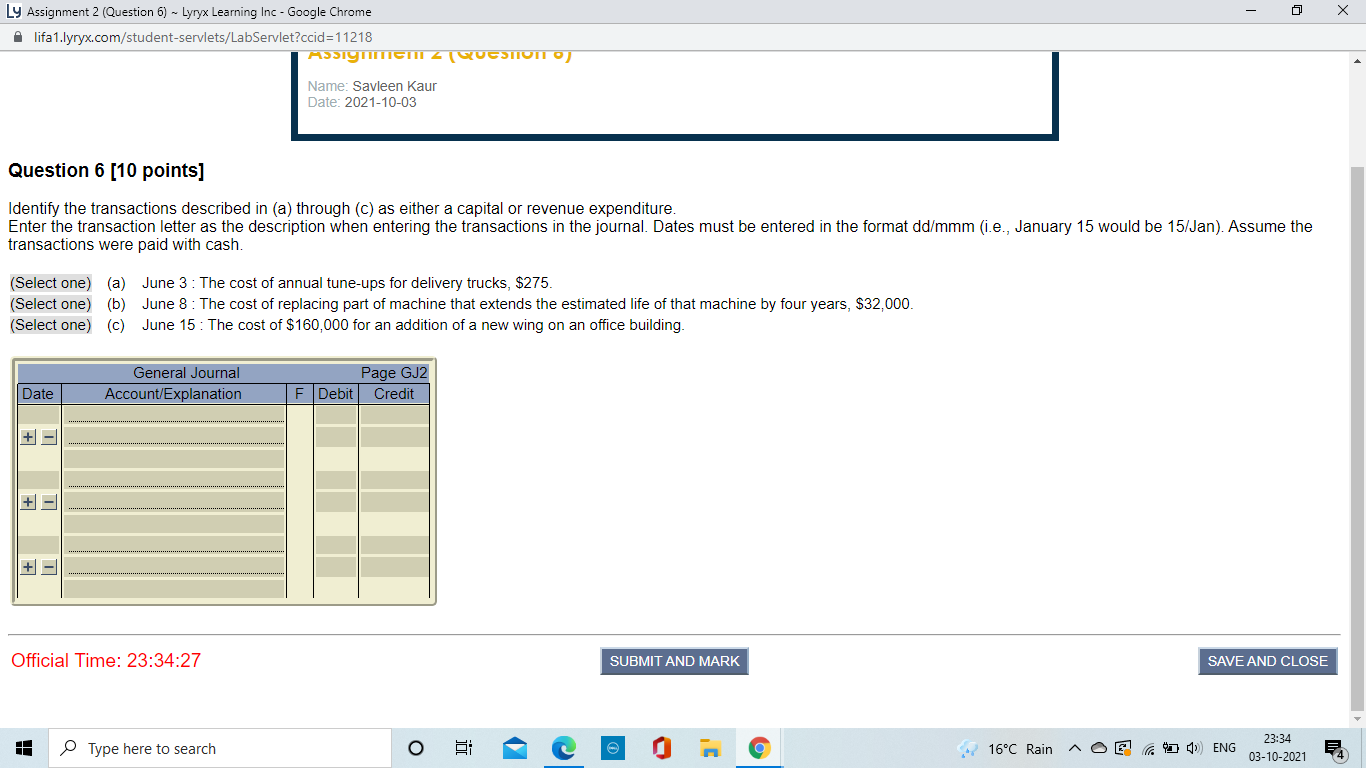 Ly Assignment 2 (Question 6) ~ Lyryx Learning Inc