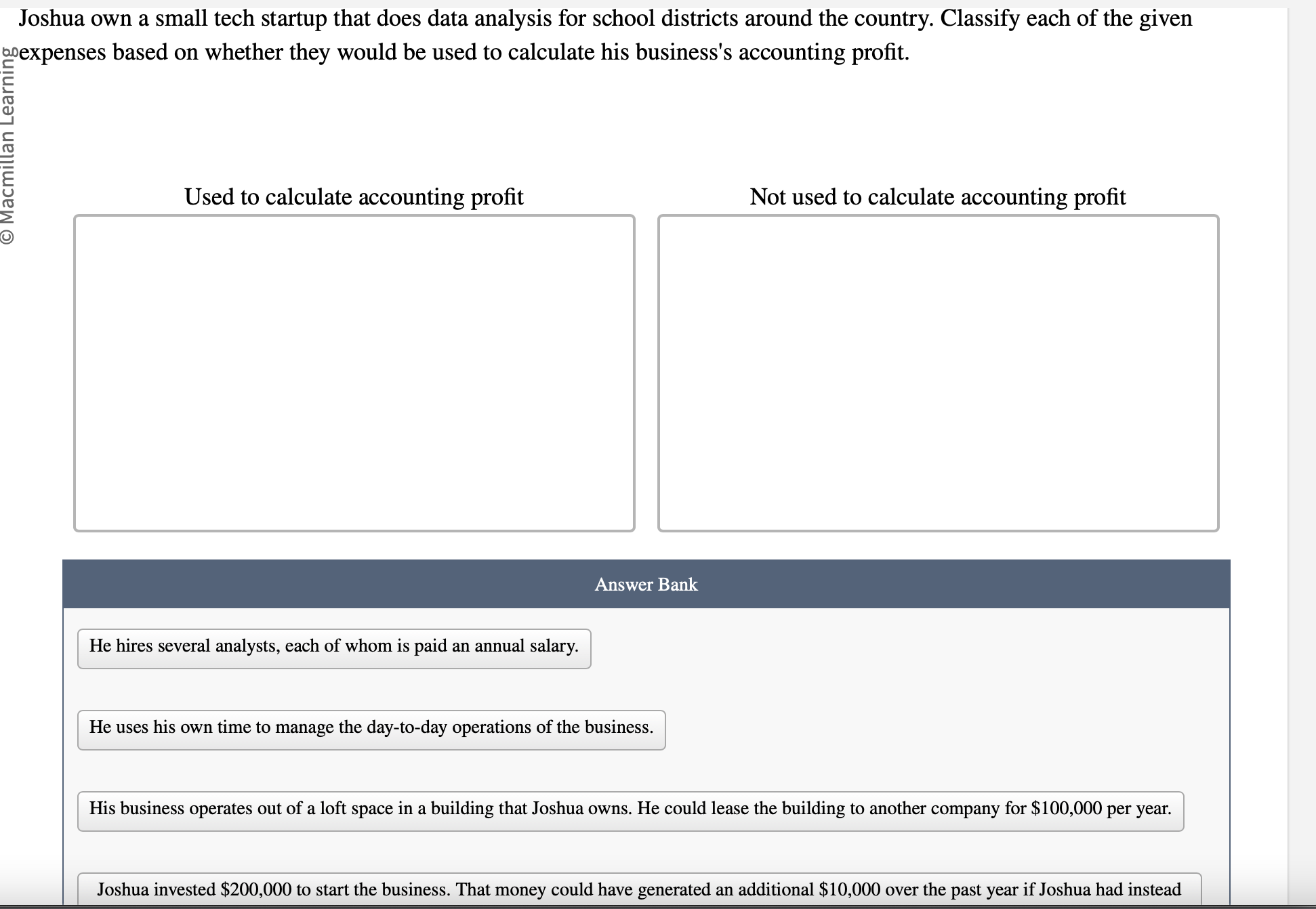 Joshua own a small tech startup that does data