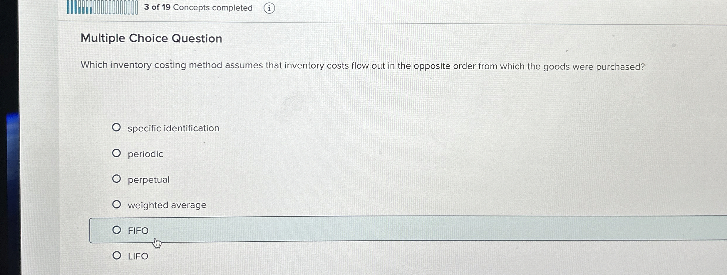 3 of 1 9 Concepts completed ( i ) Multiple Choice