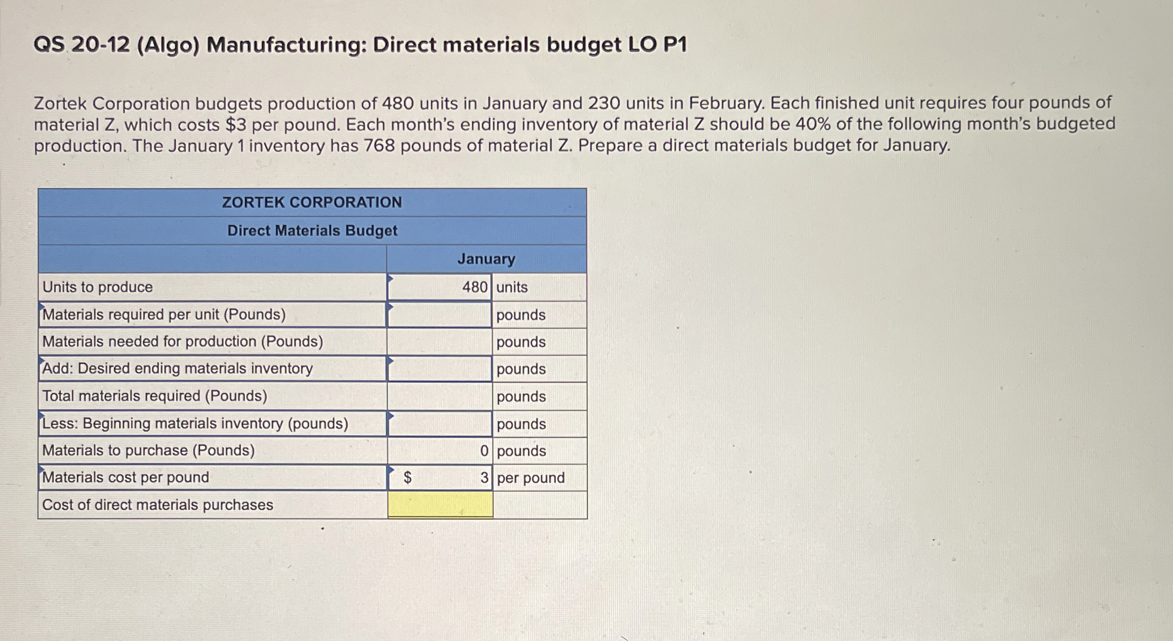 QS 2 0 - 1 2 ( Algo ) Manufacturing: Direct