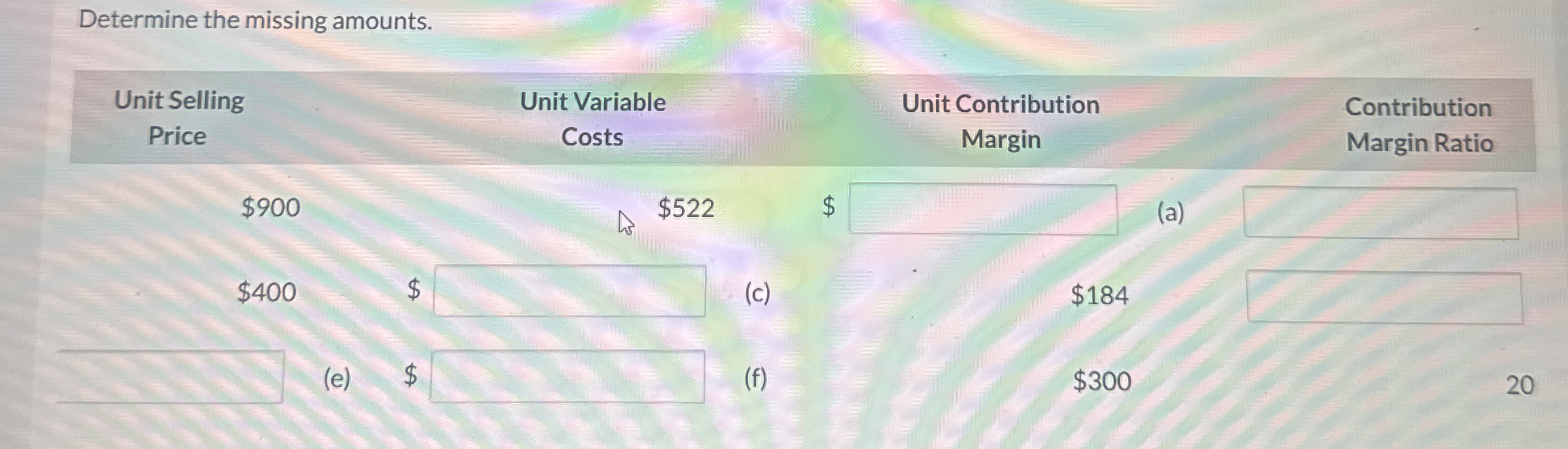Determine the missing amounts. \ table [ [ Unit
