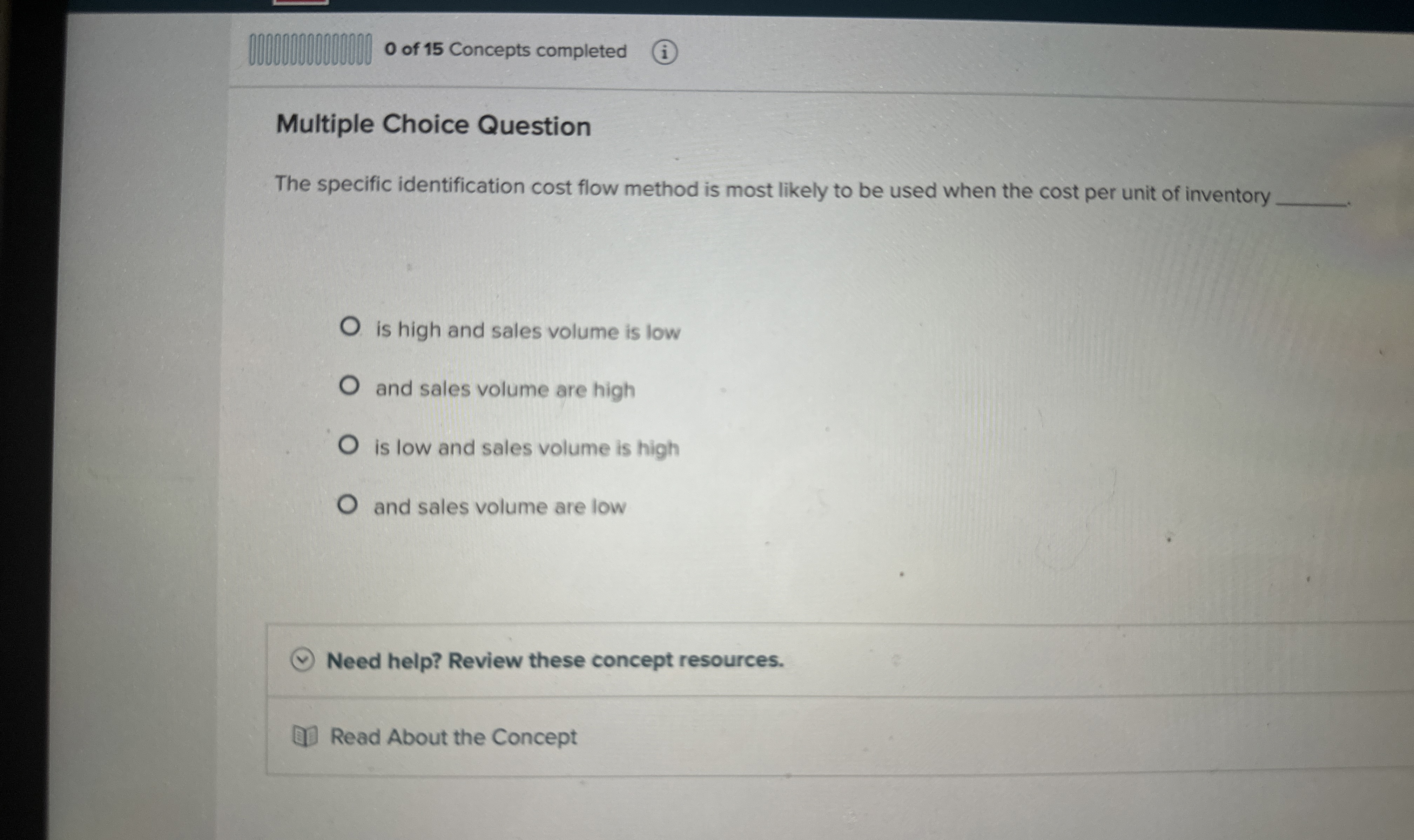 0 of 1 5 Concepts completed Multiple Choice
