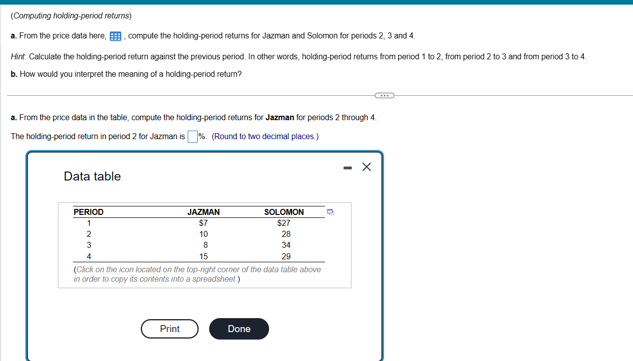 Q #1 (Computing holding-period returns) a. From