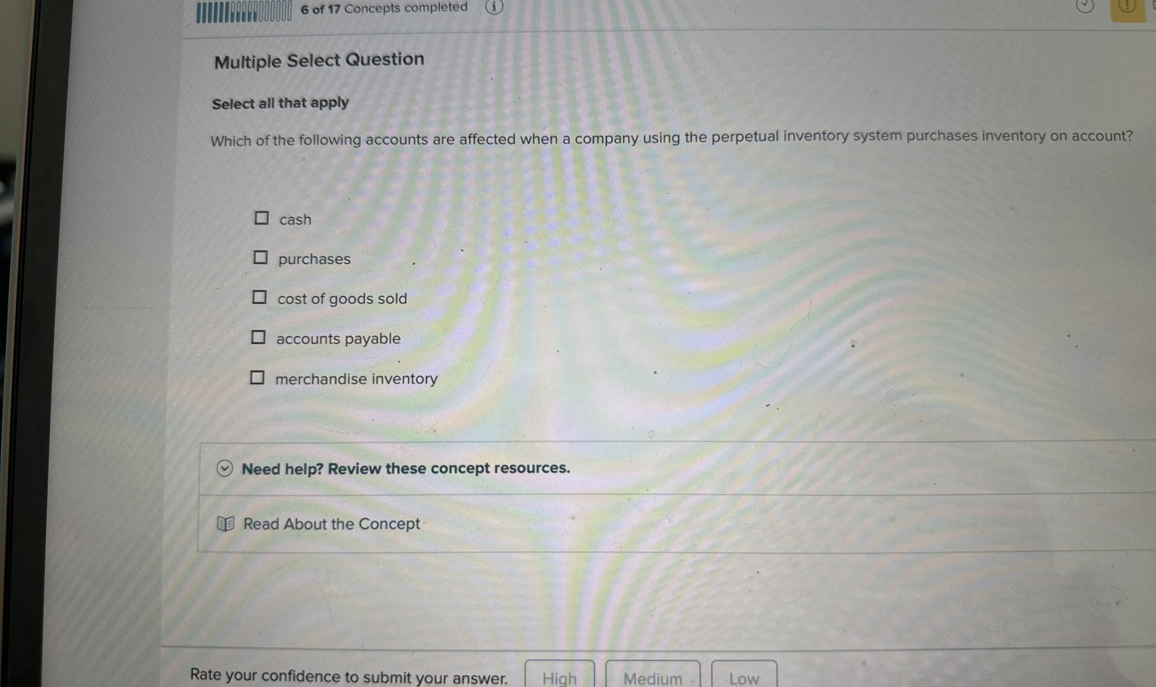 6 of 1 7 Concepts completed Multiple Select