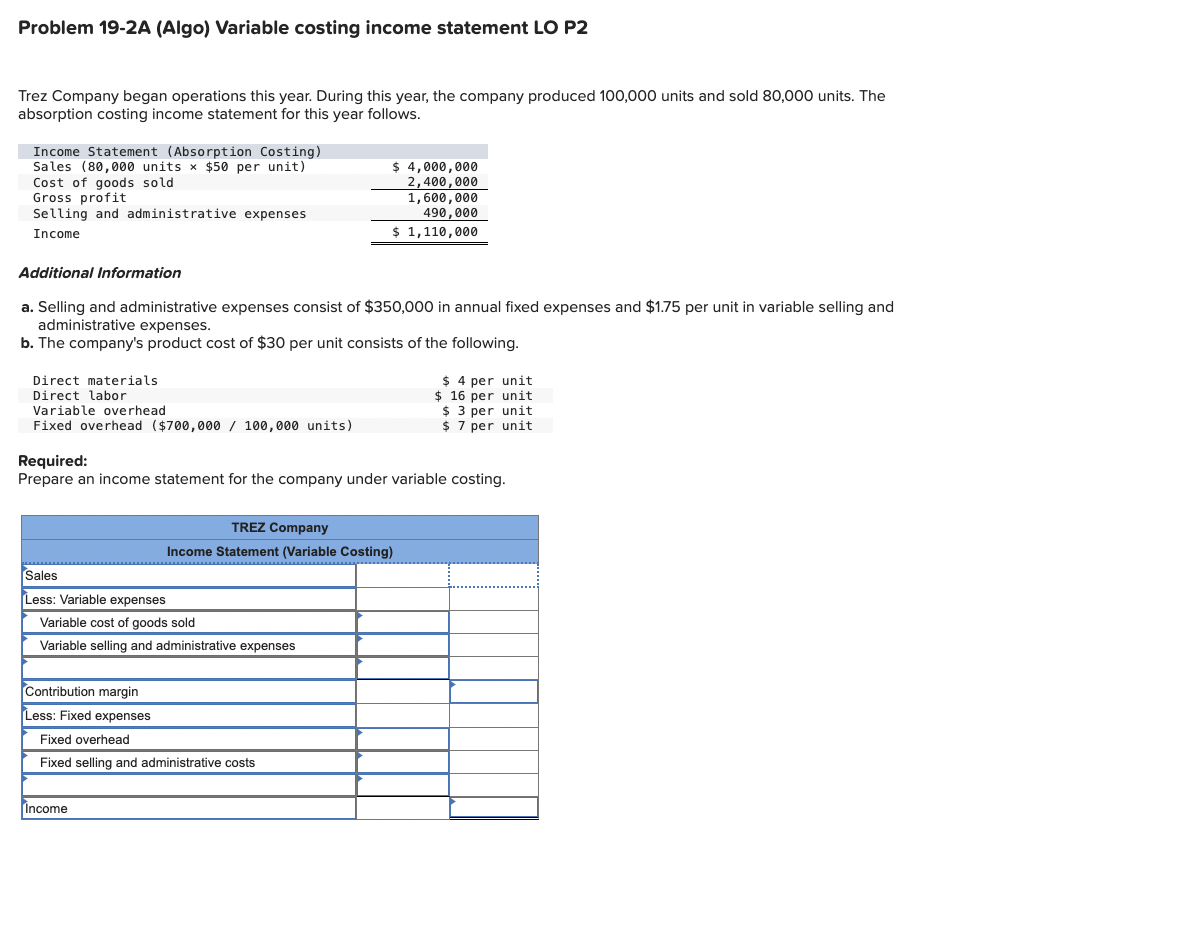Problem 1 9 - 2 A ( Algo ) Variable costing