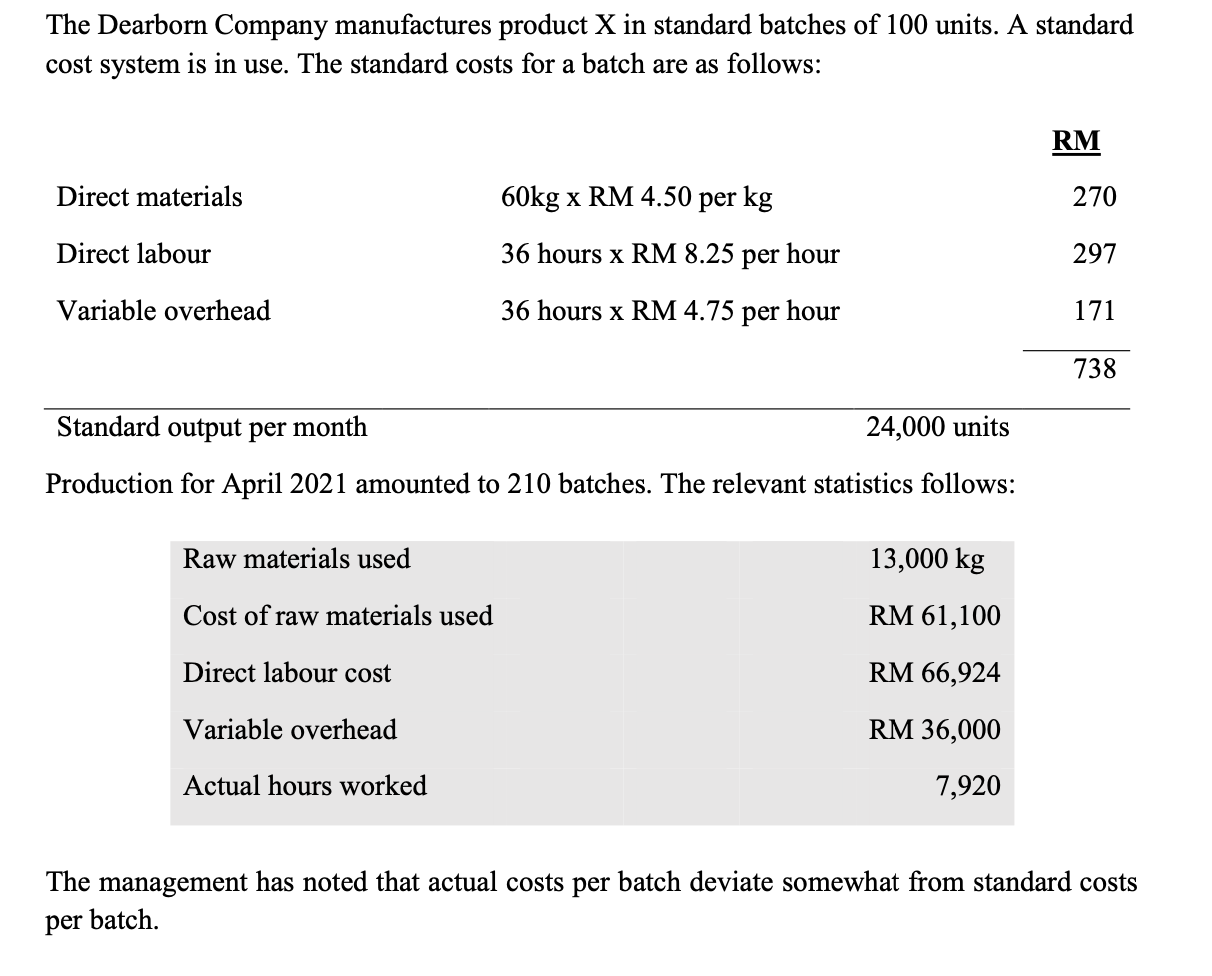 The Dearbom Company manufactures product X in