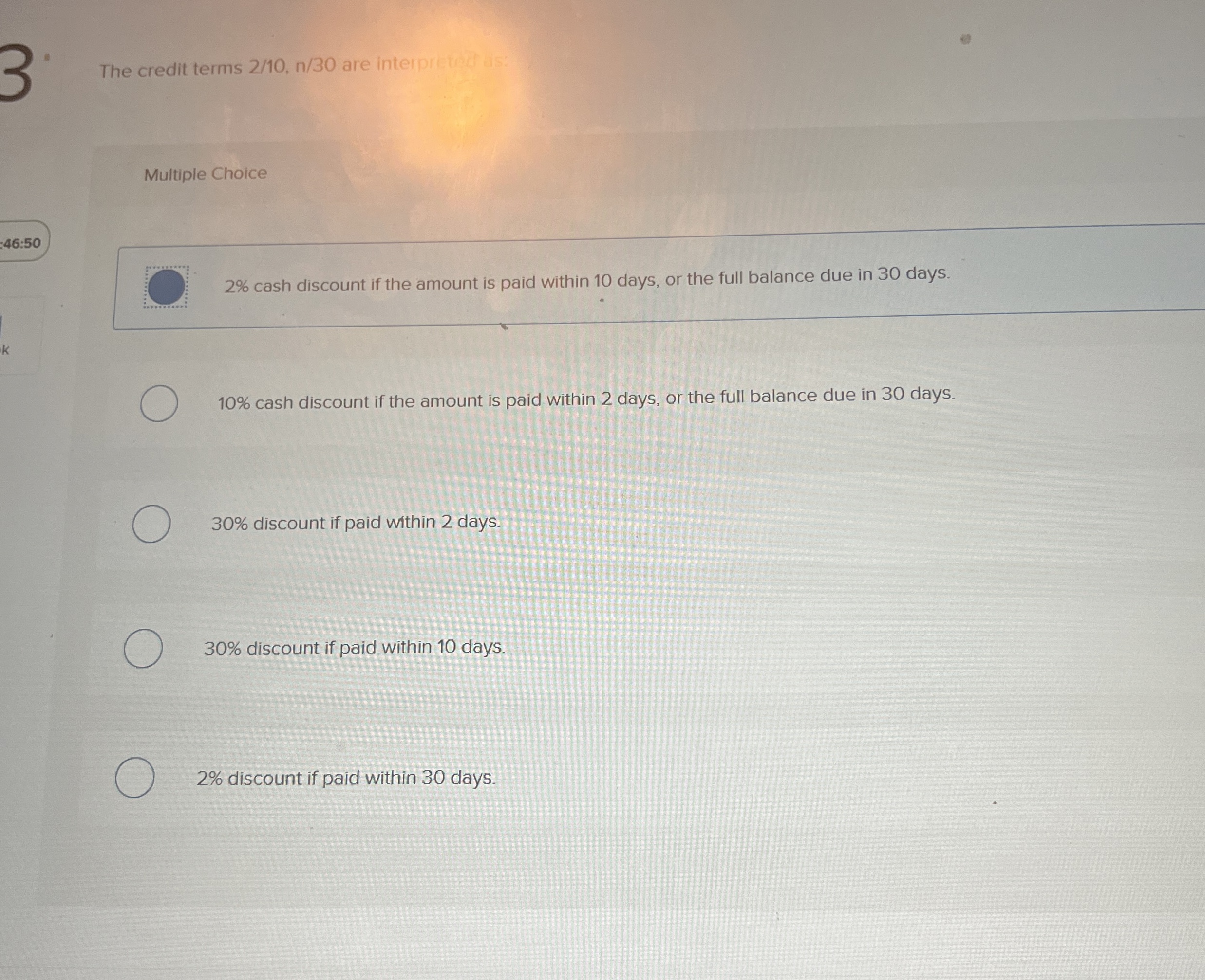 The credit terms 2 / 1 0 , n / 3 0 are