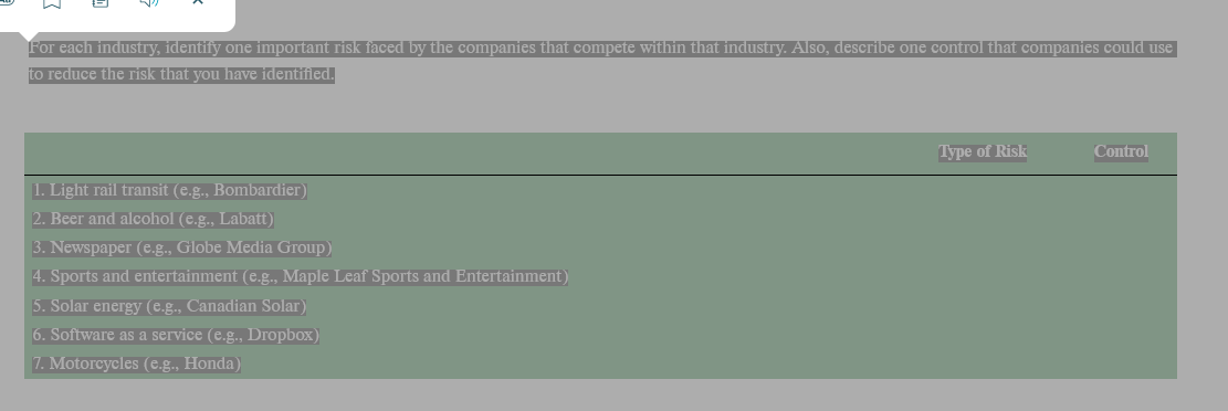For each industry, identify one important risk