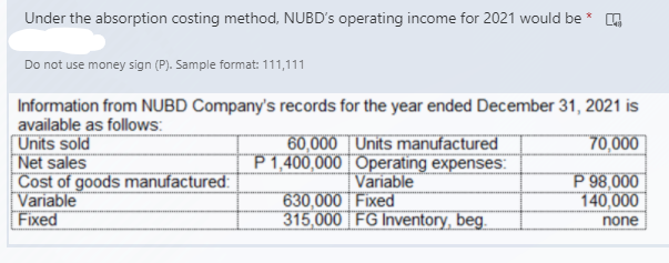 Under the absorption costing method, NUBD's
