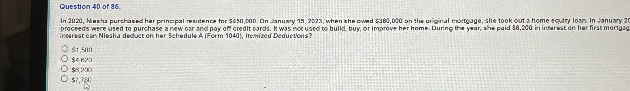 Question 4 0 of 8 5 . In 2 0 2 0 , Niesha