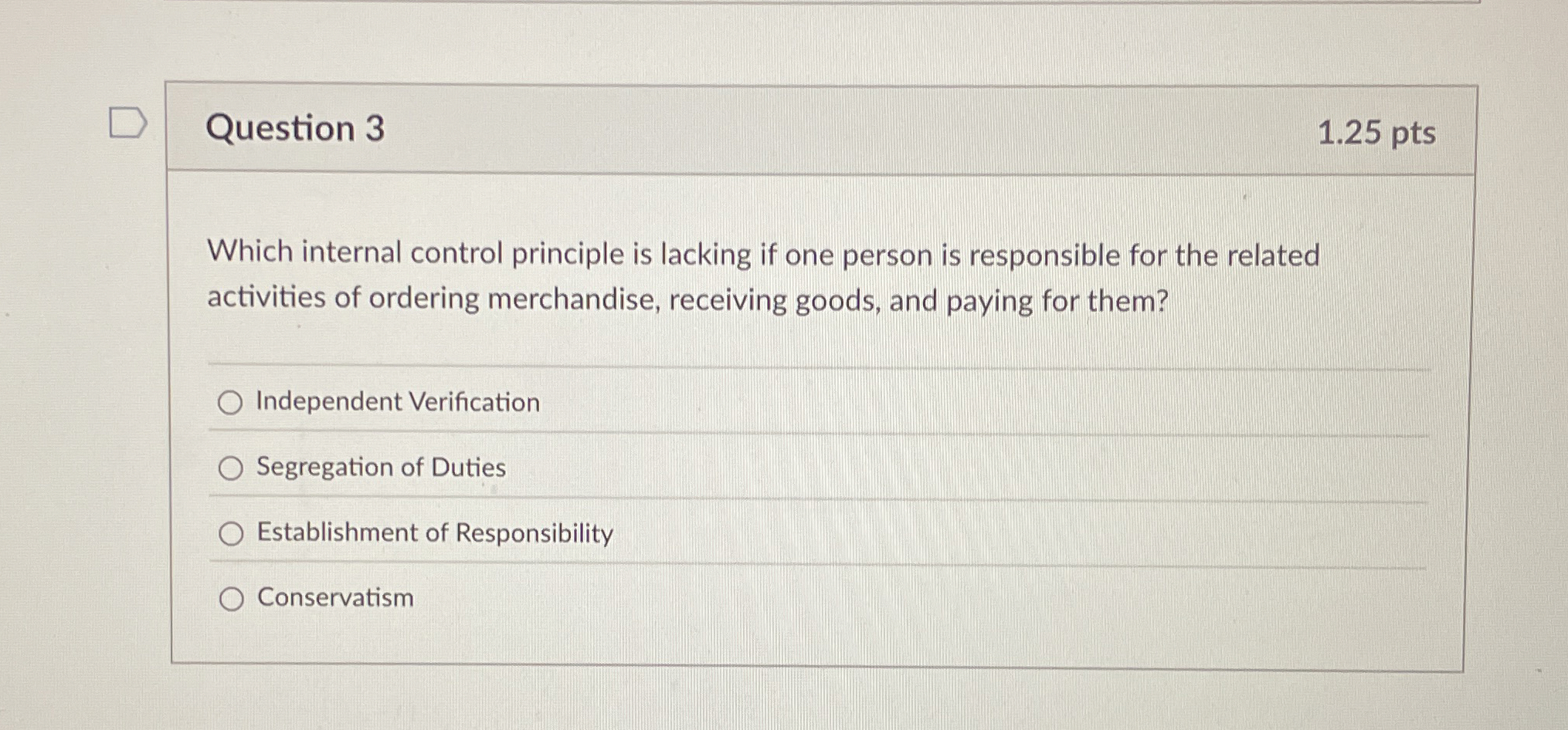 Question 3 1 . 2 5 pts Which internal control