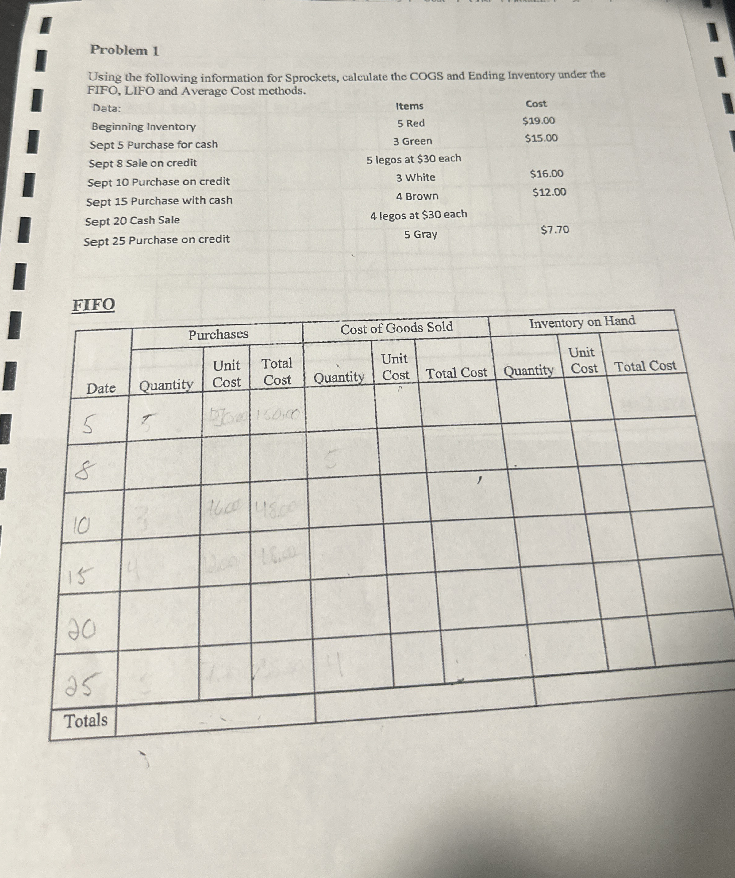 Problem 1 Using the following information for