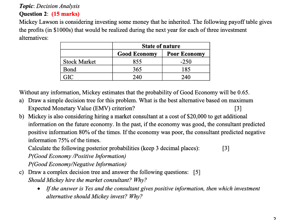 Topic: Decision Analysis Question 2: (15 marks)