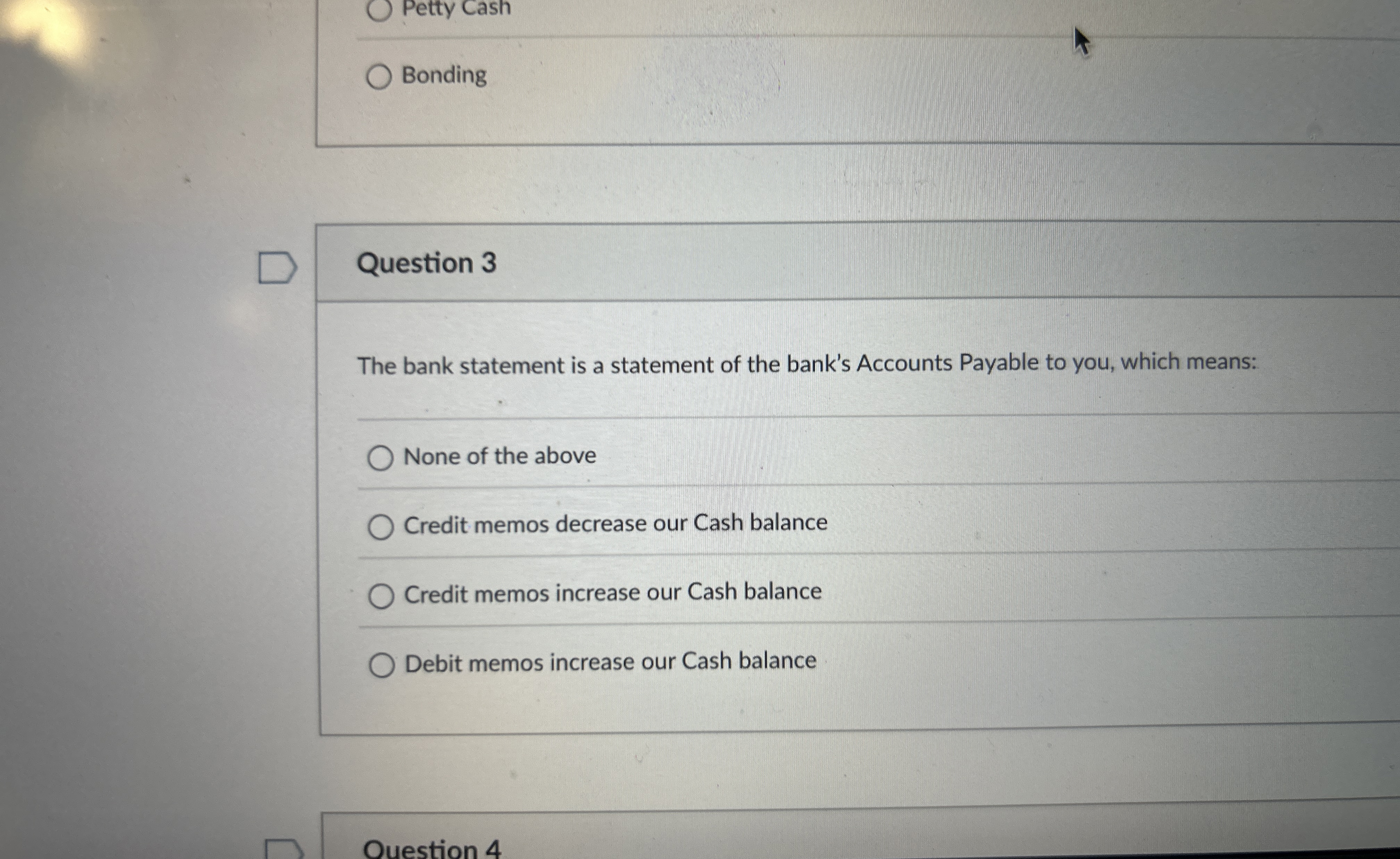 Petty Cash Bonding Question 3 The bank statement