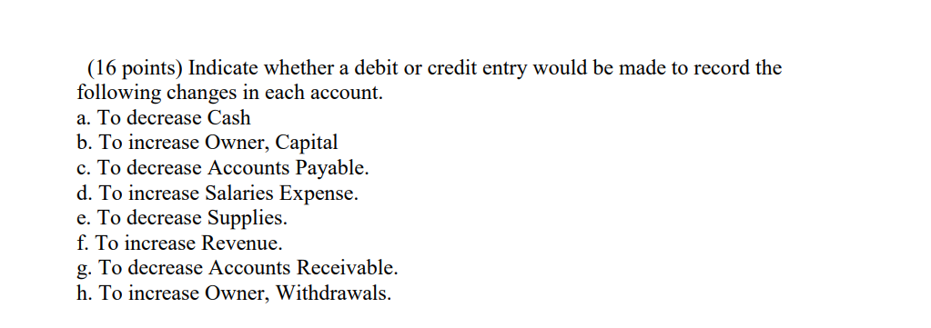 (16 points) Indicate whether a debit or credit