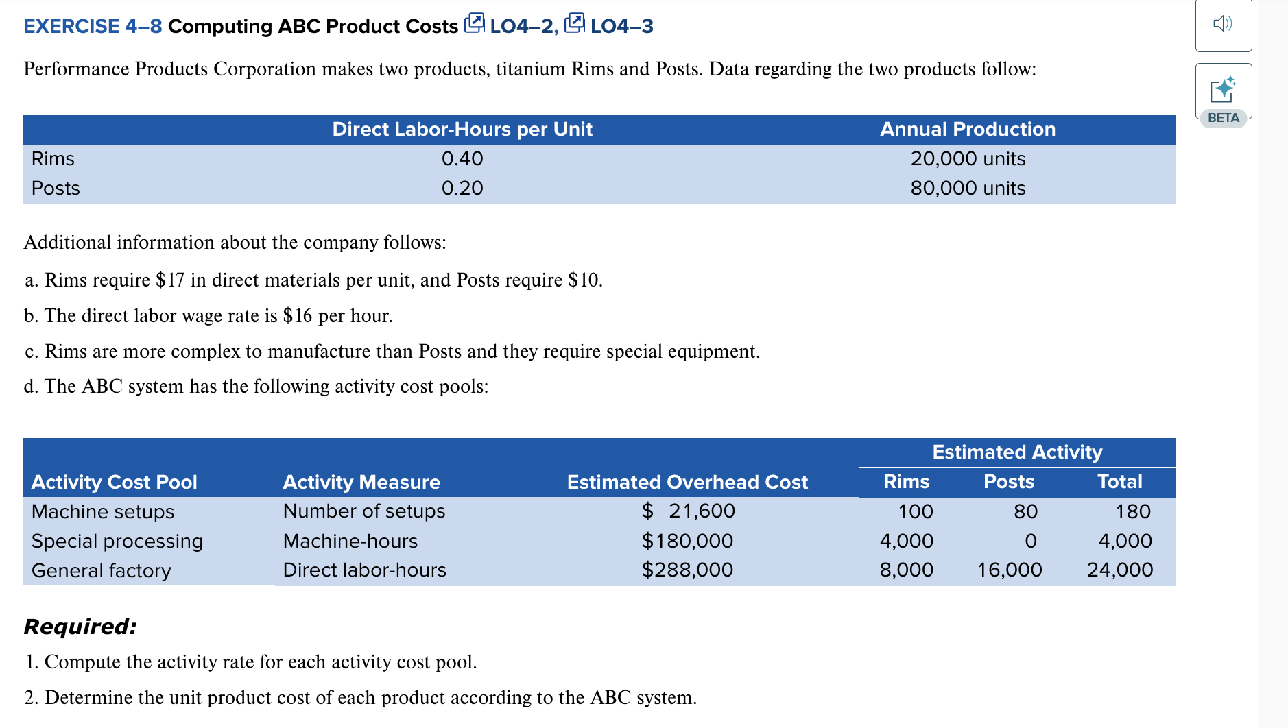 EXERCISE 4 - 8 Computing ABC Product Costs \ ( \