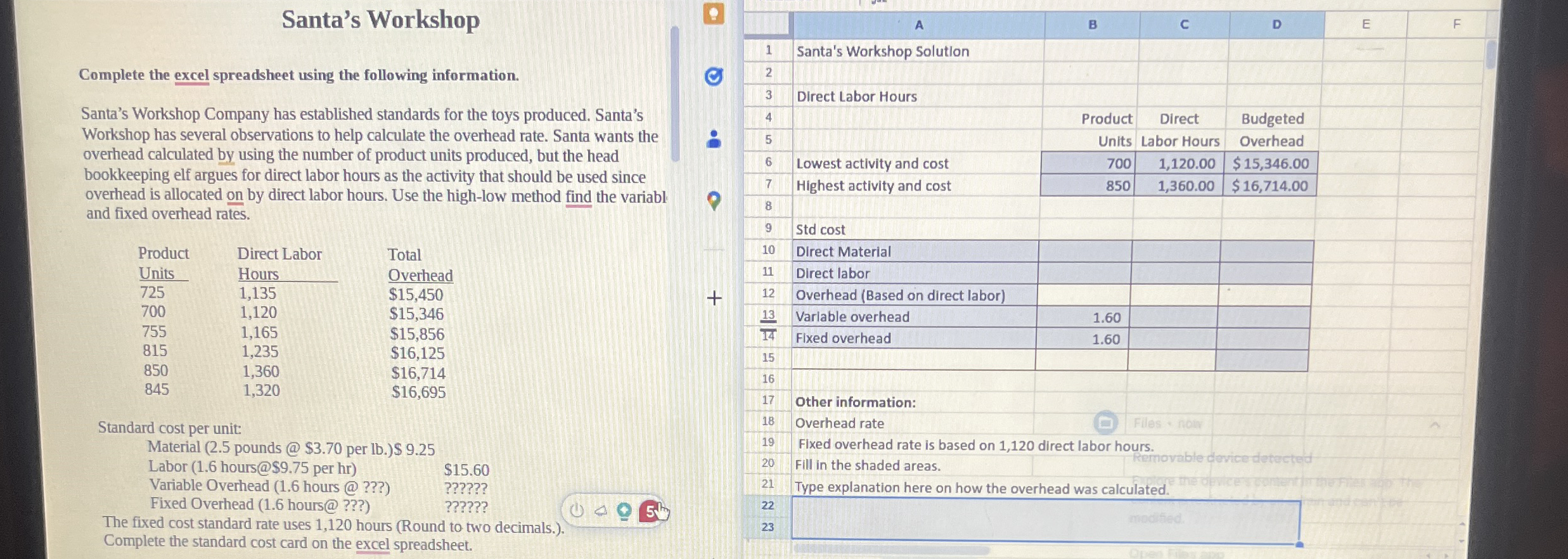 Santa's Workshop Complete the excel spreadsheet