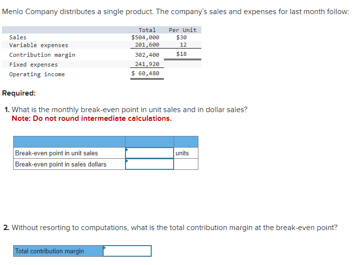 Menlo Company distributes a single product. The