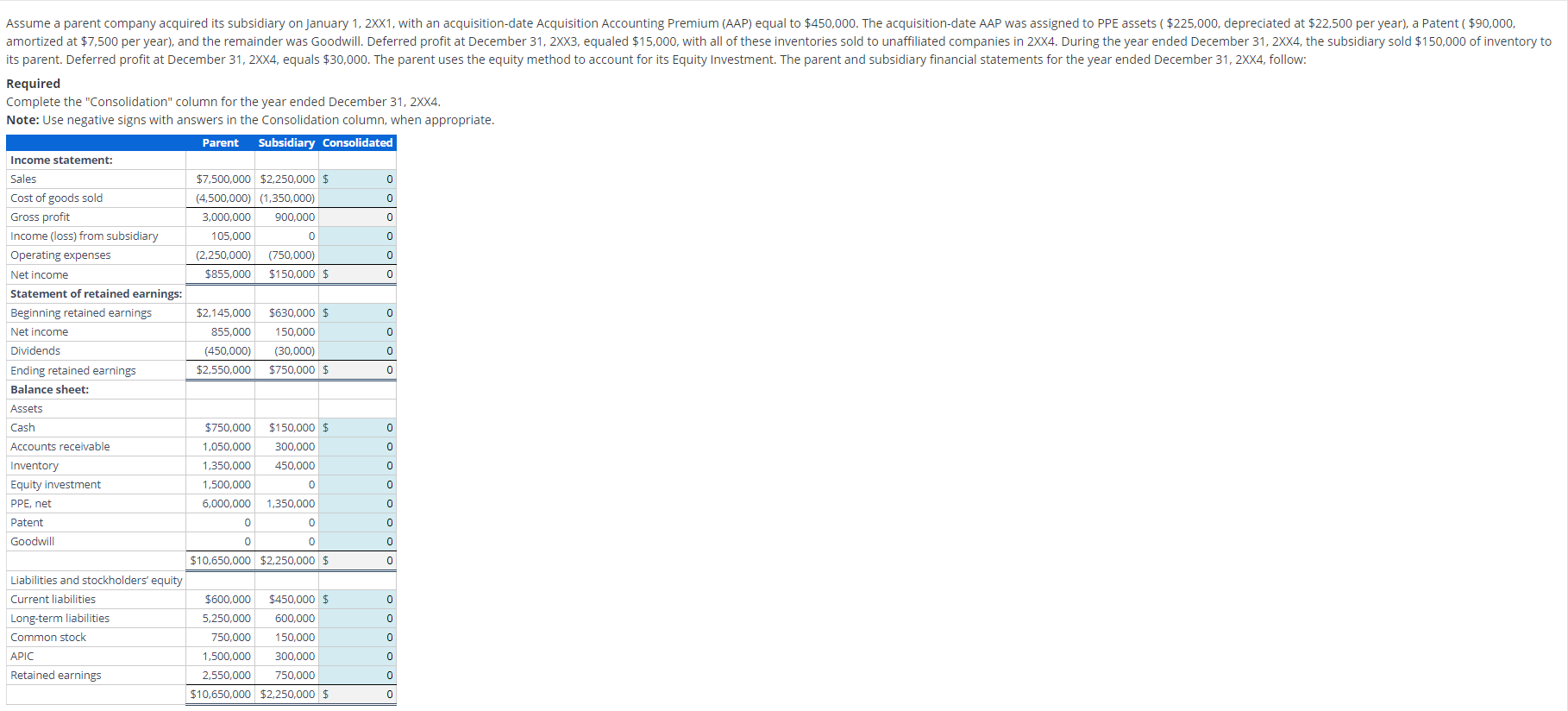 Assume a parent company acquired its subsidiary