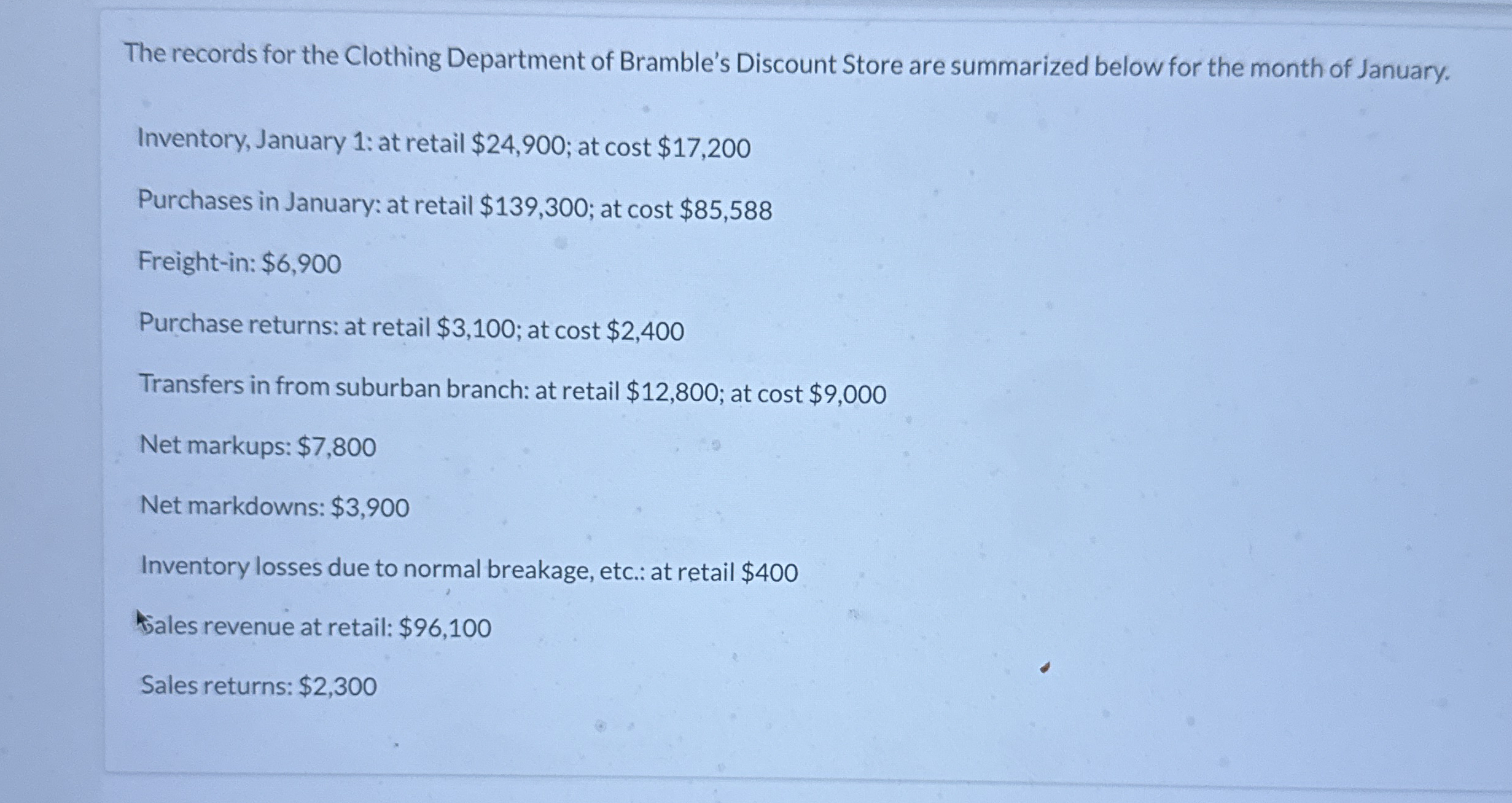 The records for the Clothing Department of