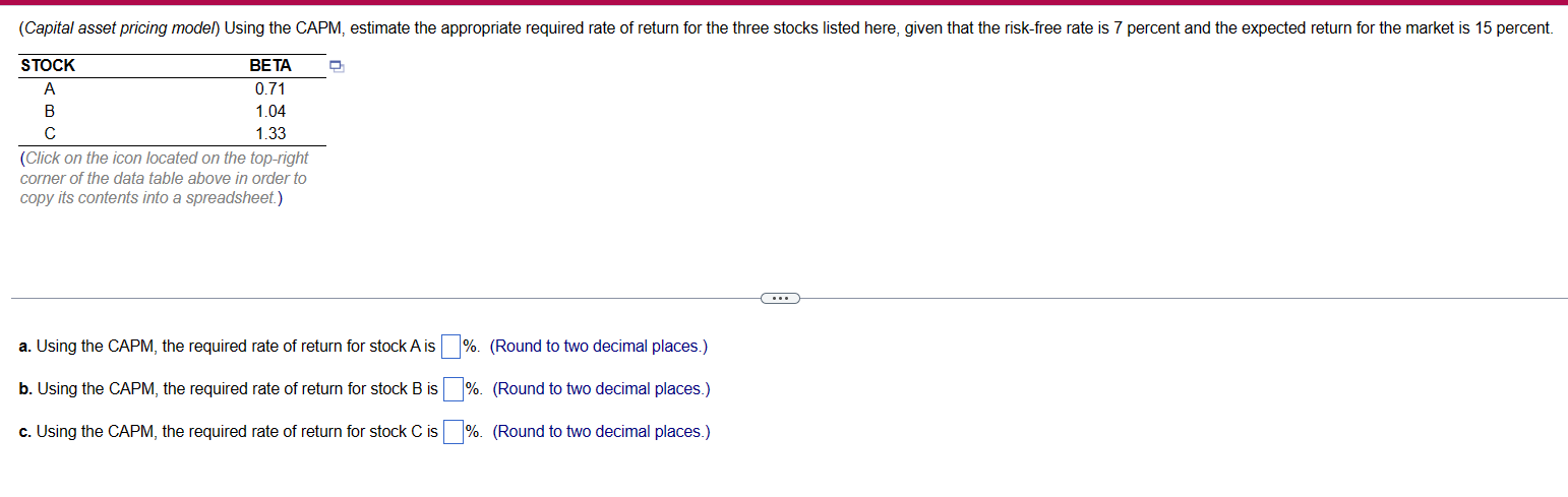 Q #1 (Capital asset pricing model) Using the