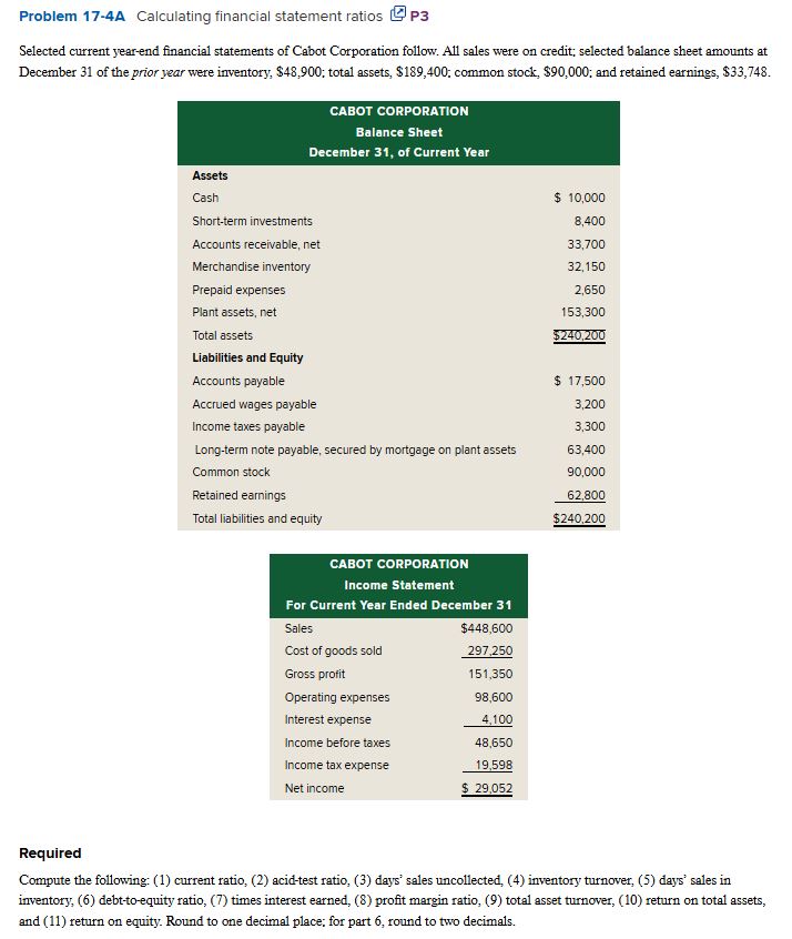 Problem 1 7 - 4 A Calculating financial statement