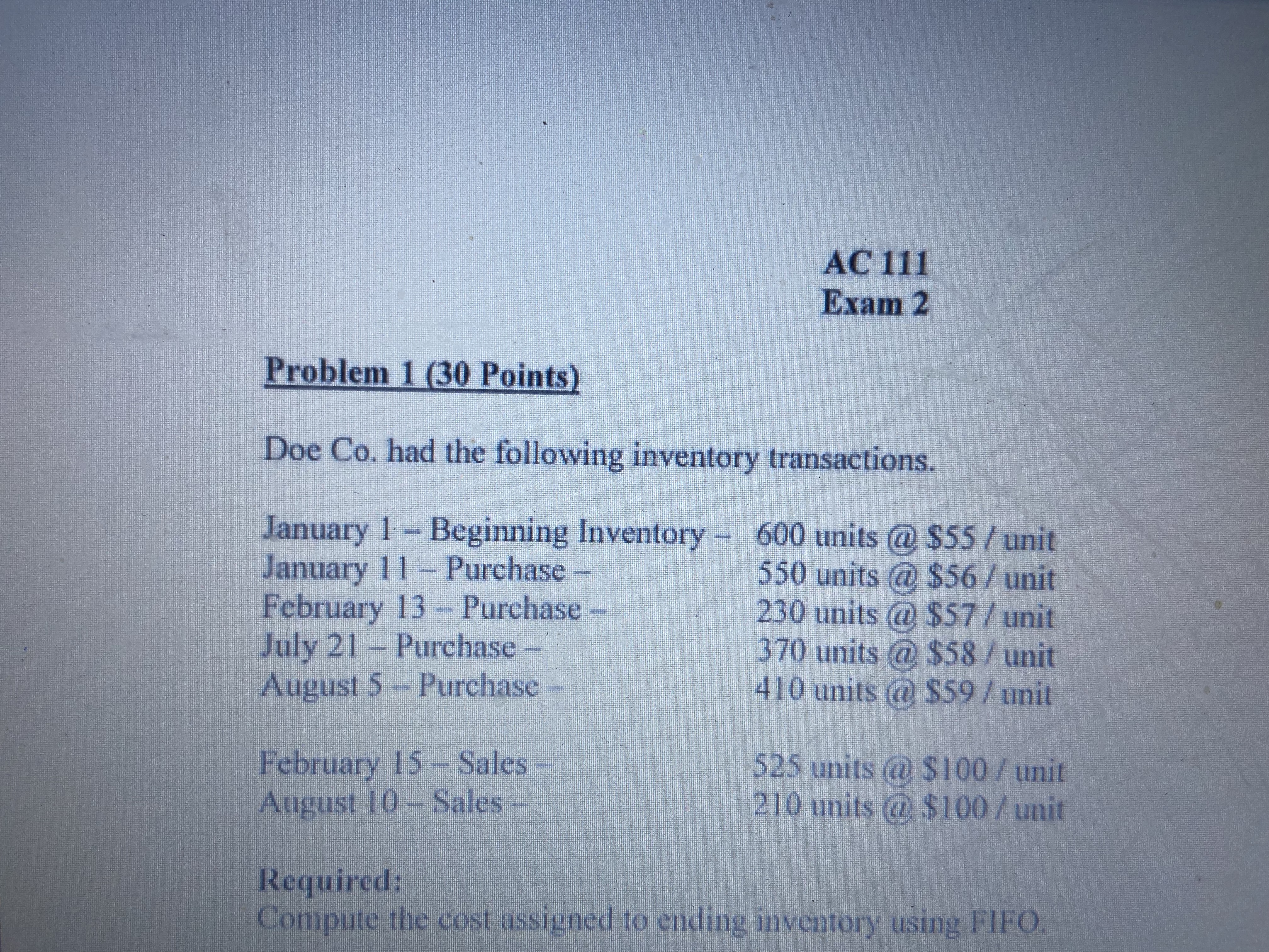 AC 111 Exam 2 Problem 1 (30 Points) Doe Co. had