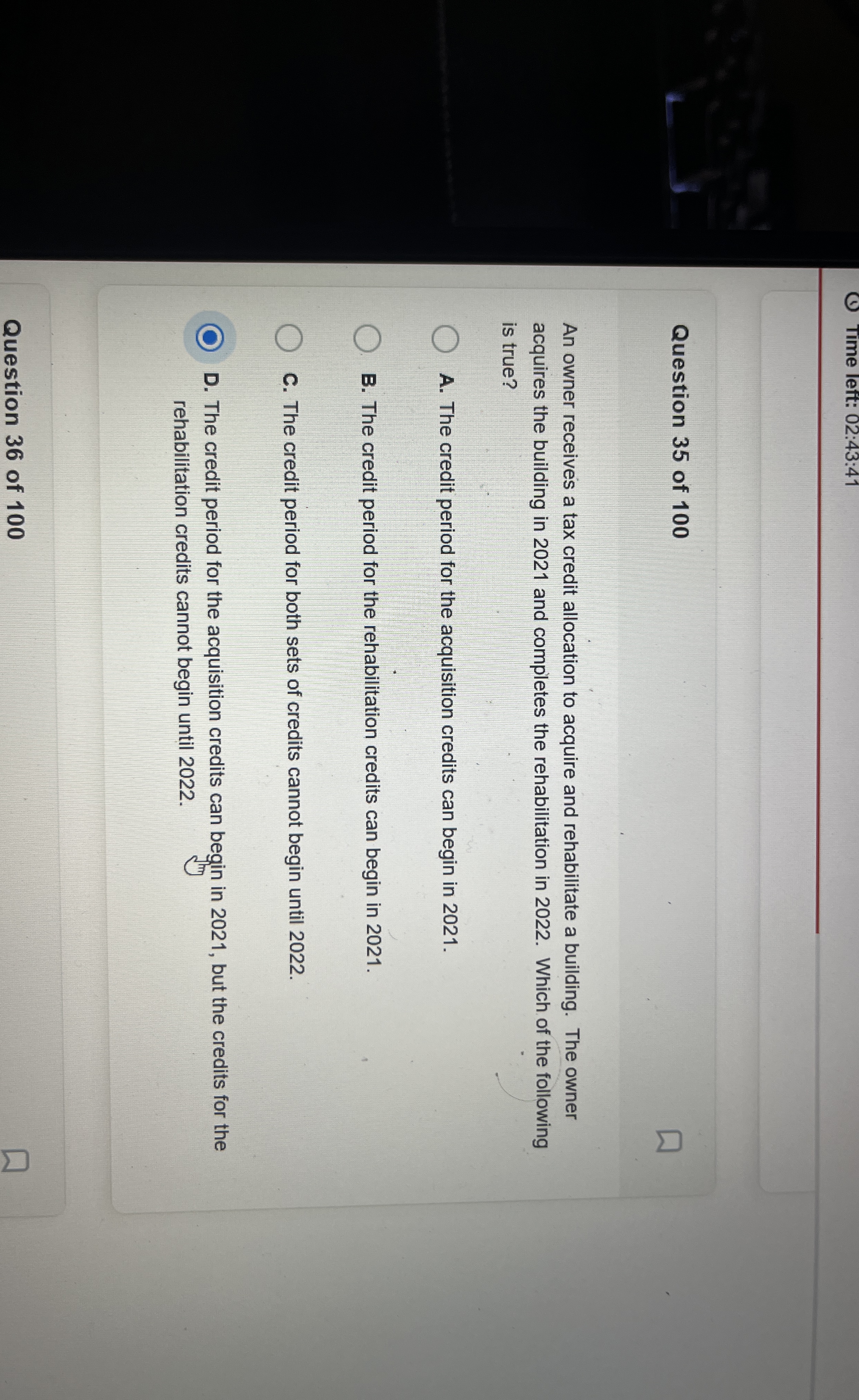 Time left: 0 2 : 4 3 : 4 1 Question 3 5 of 1 0 0