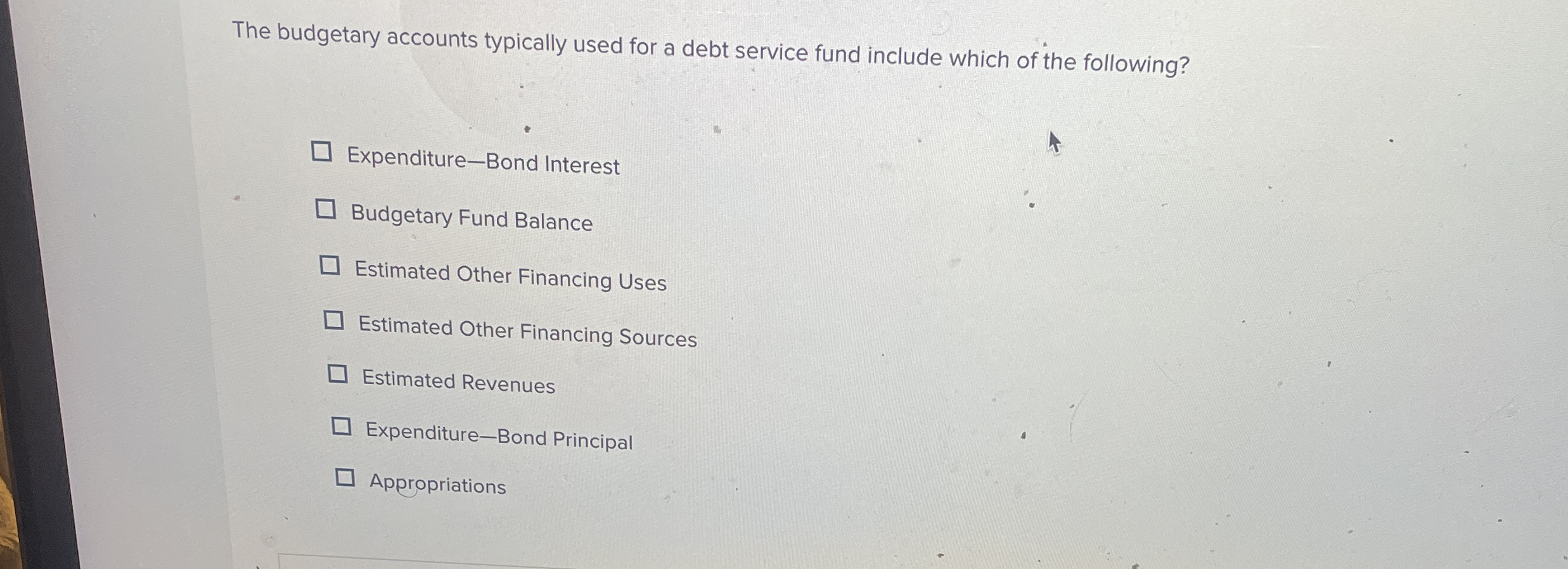 The budgetary accounts typically used for a debt