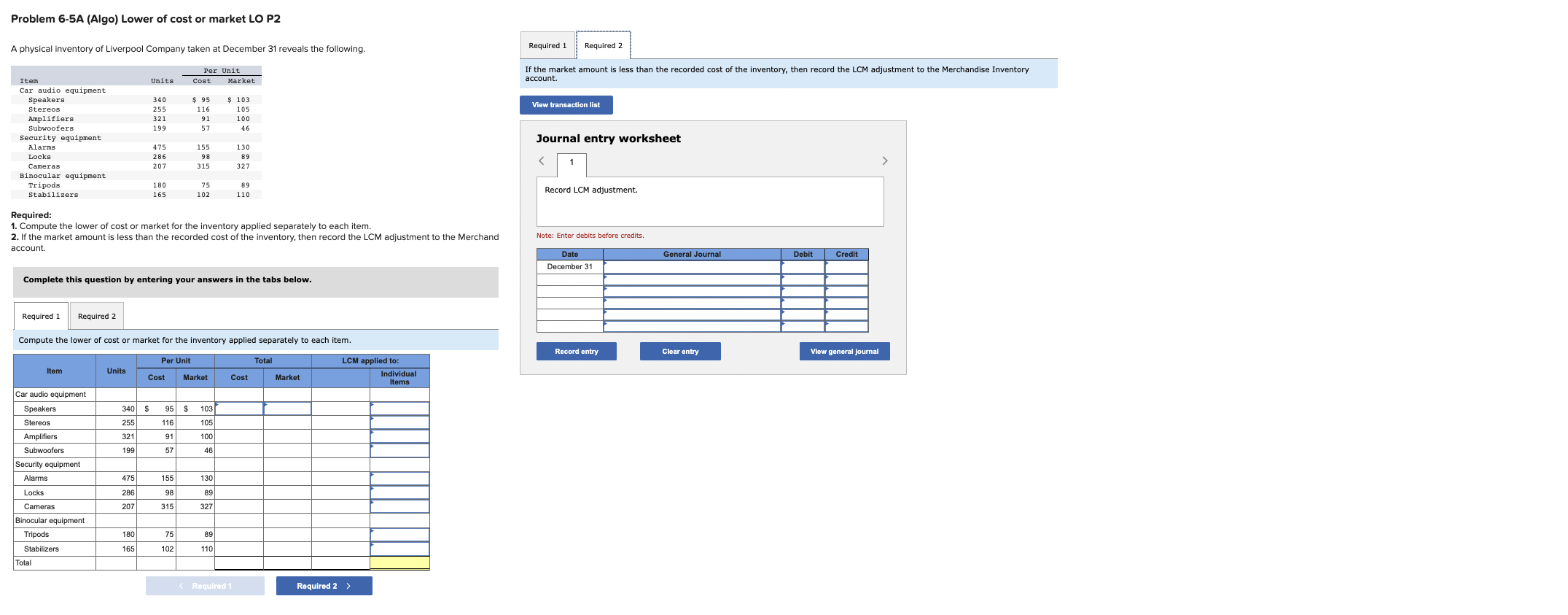 Problem 6-5A (Algo) Lower of cost or market LO P2