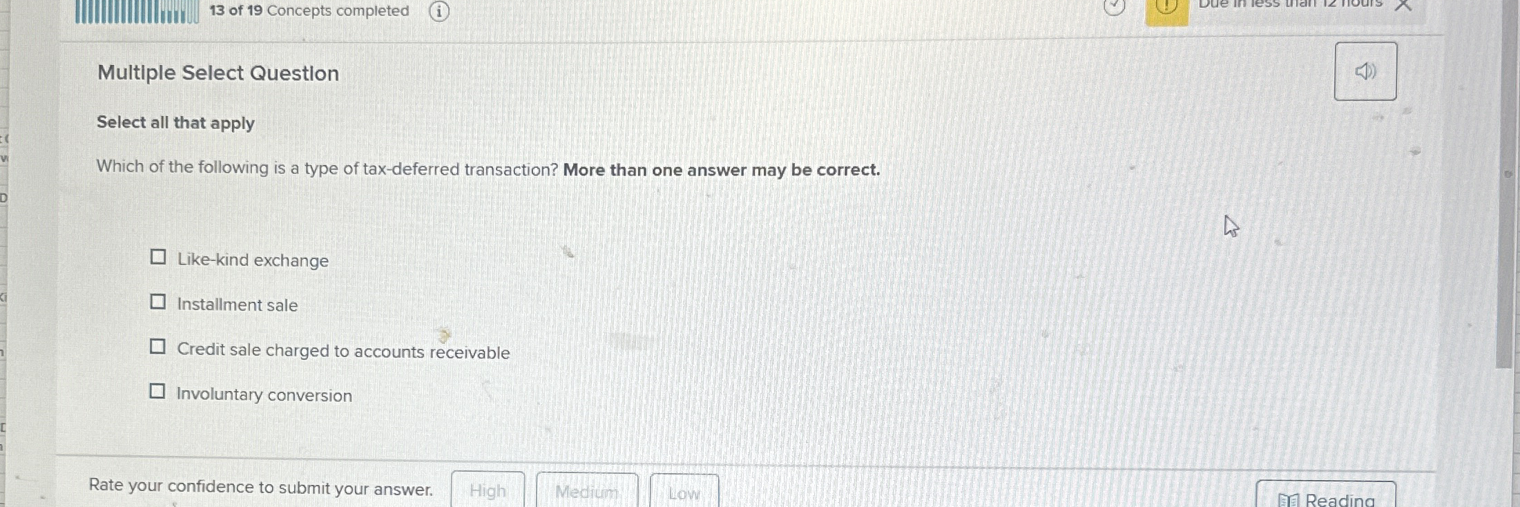 1 3 of 1 9 Concepts completed Multiple Select