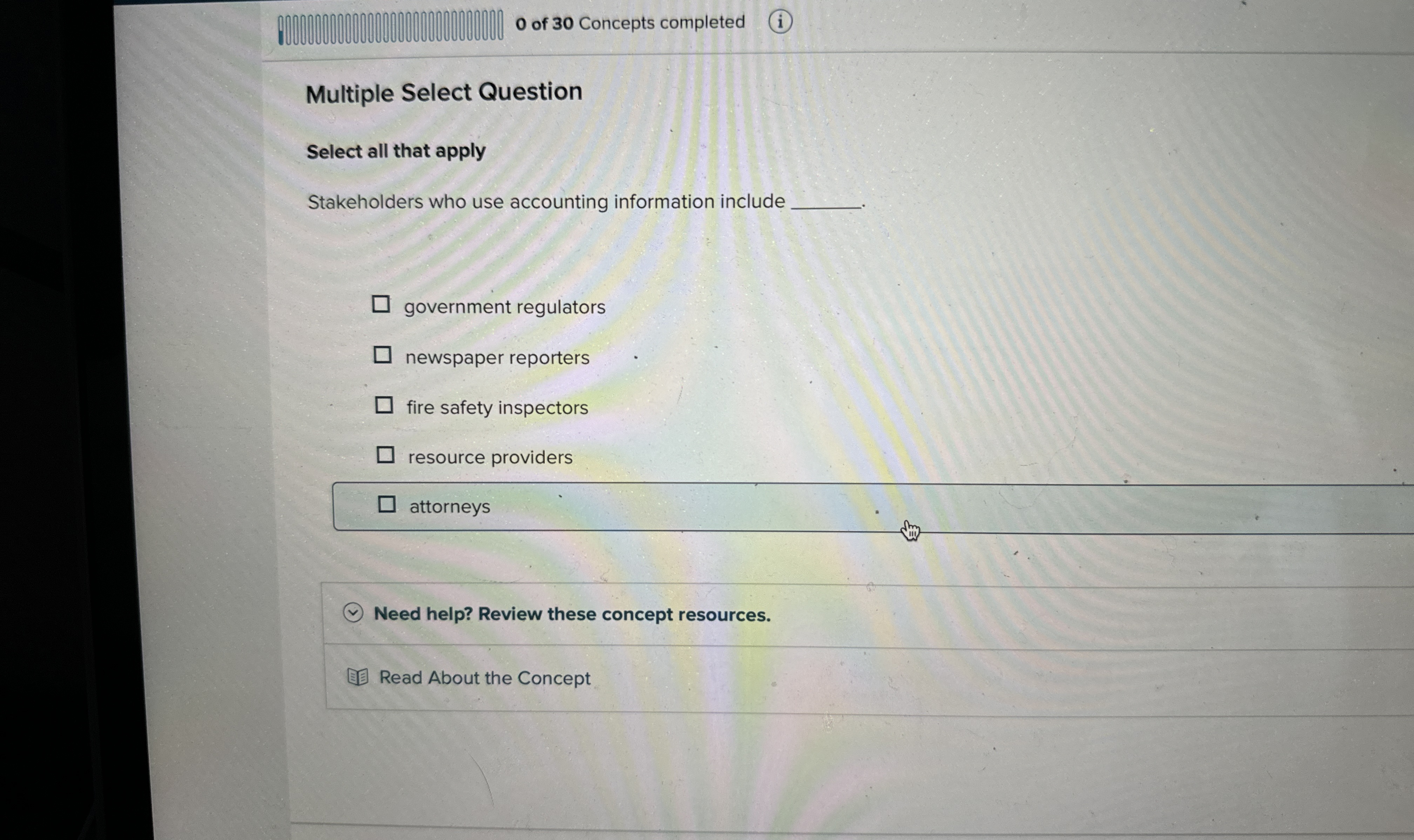 0 of 3 0 Concepts completed Multiple Select