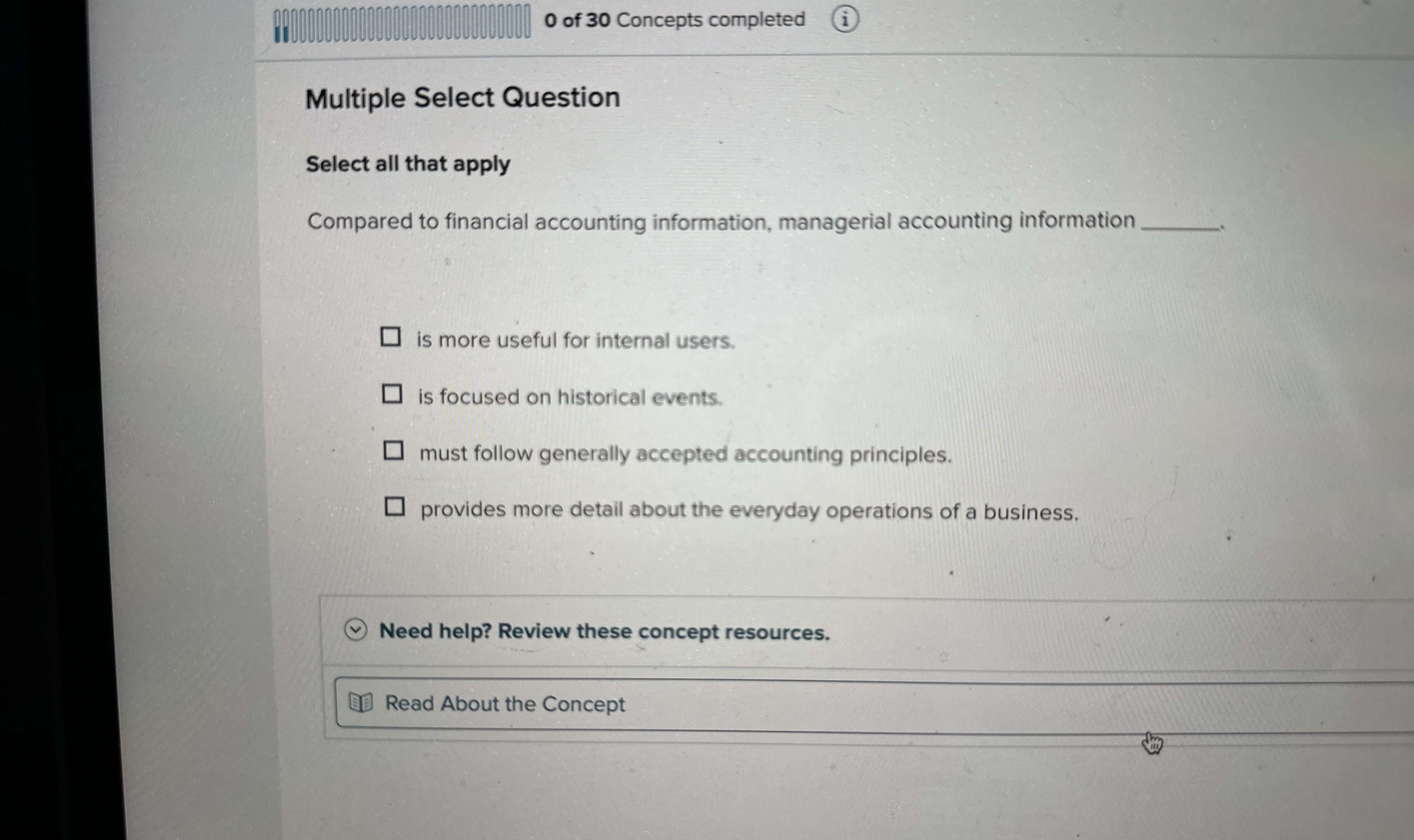 0 of 3 0 Concepts completed Multiple Select