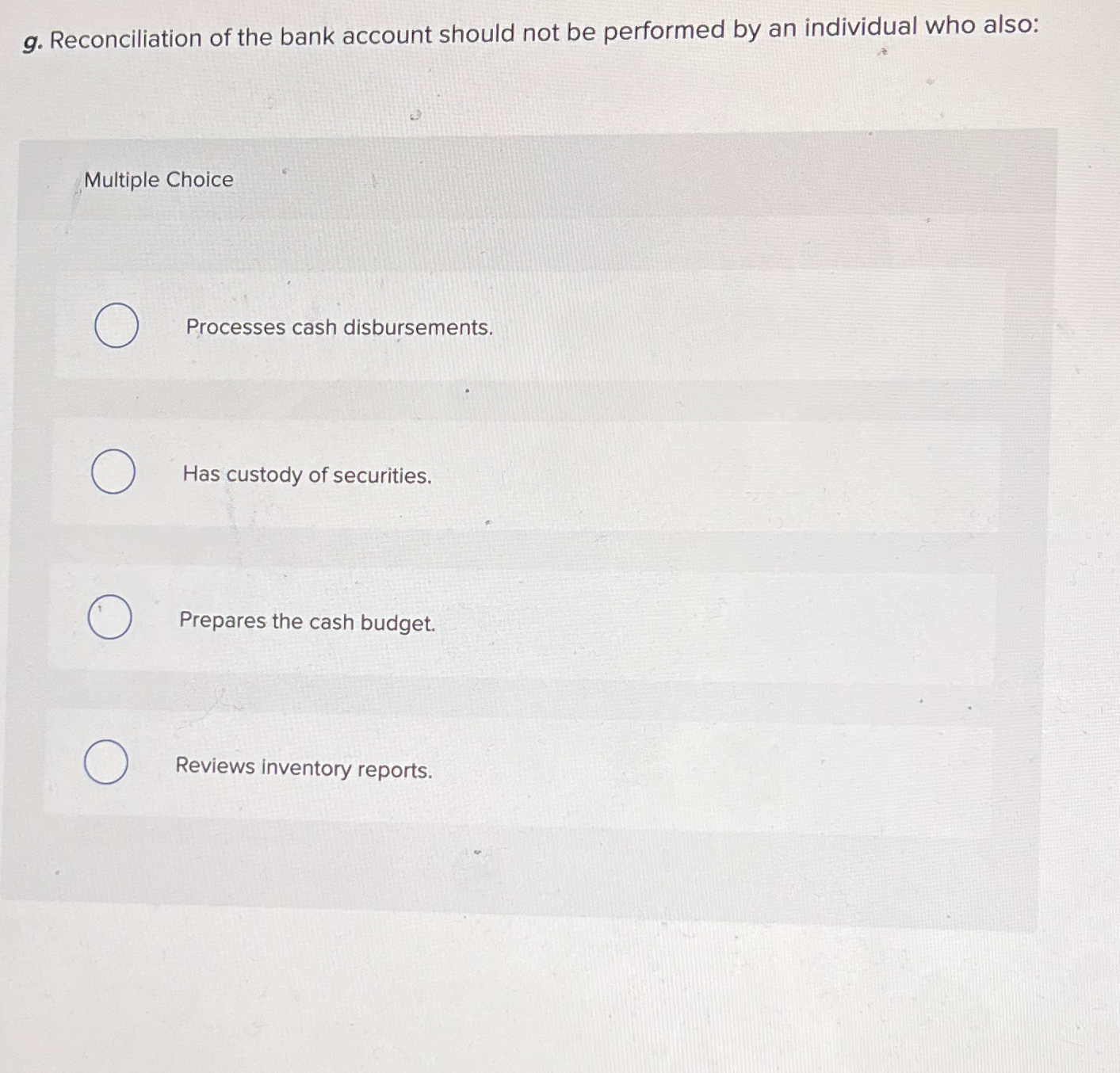 g . Reconciliation of the bank account should not