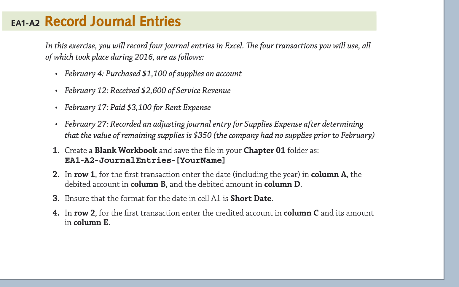 EA1-A2 Record Journal Entries In this exercise,