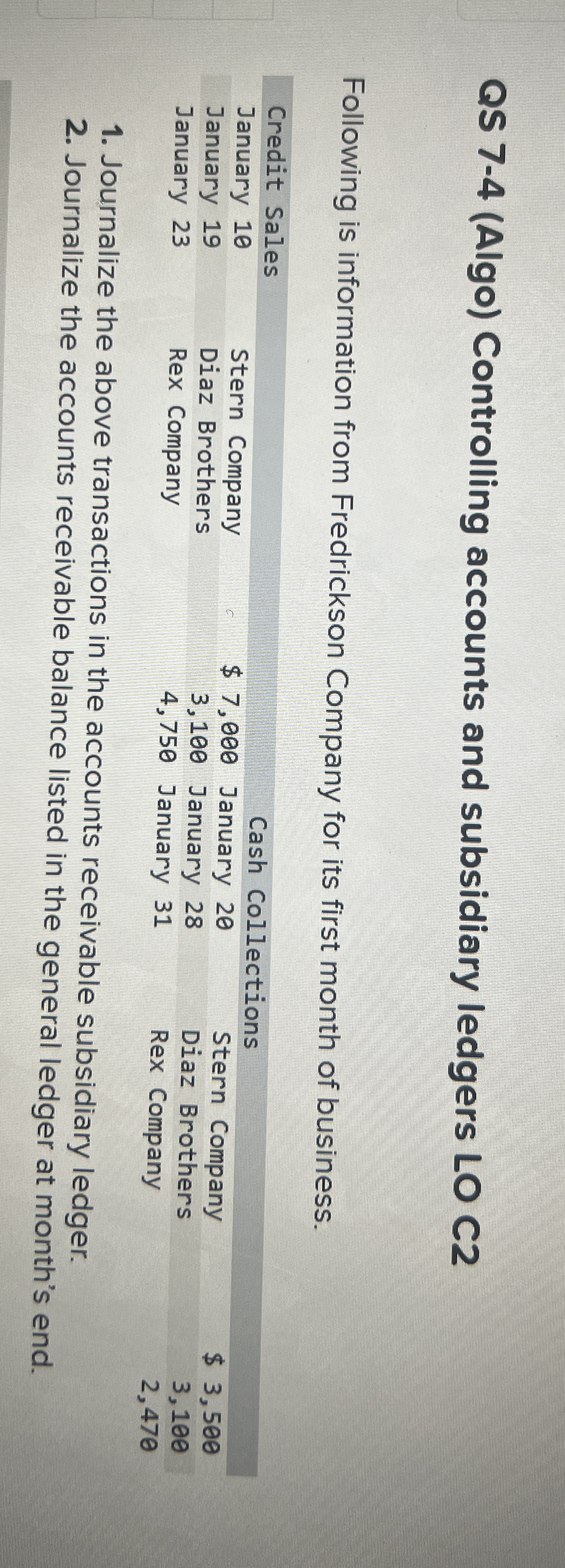QS 7 - 4 ( Algo ) Controlling accounts and