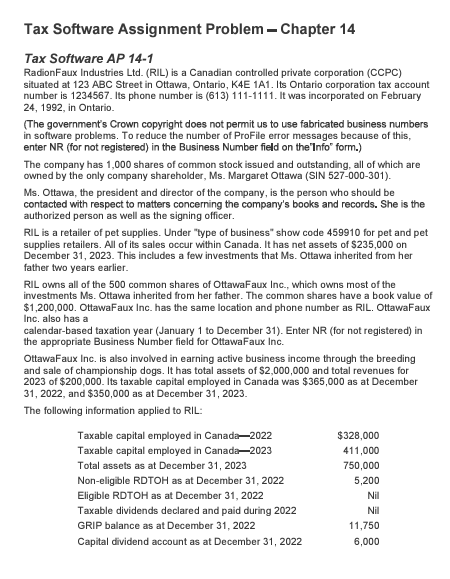 Tax Software Assignment Problem - Chapter 14 Tax