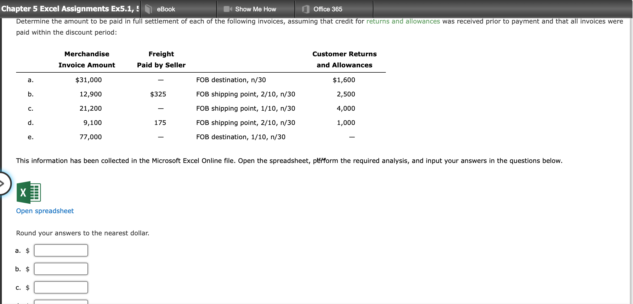 Chapter 5 Excel Assignments Ex5.1, E eBook Show