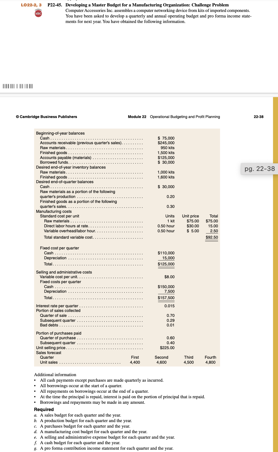 LO22-2, 3 P22-45. Developing a Master Budget for