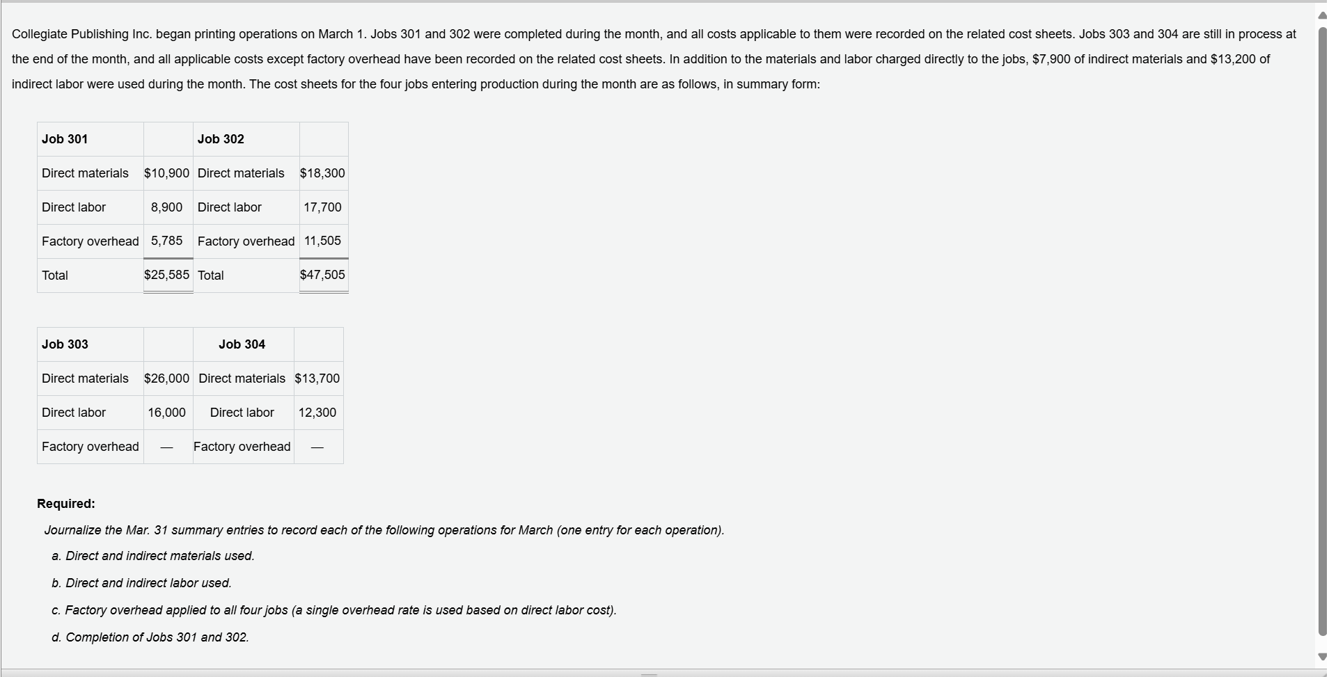 indirect labor were used during the month. The