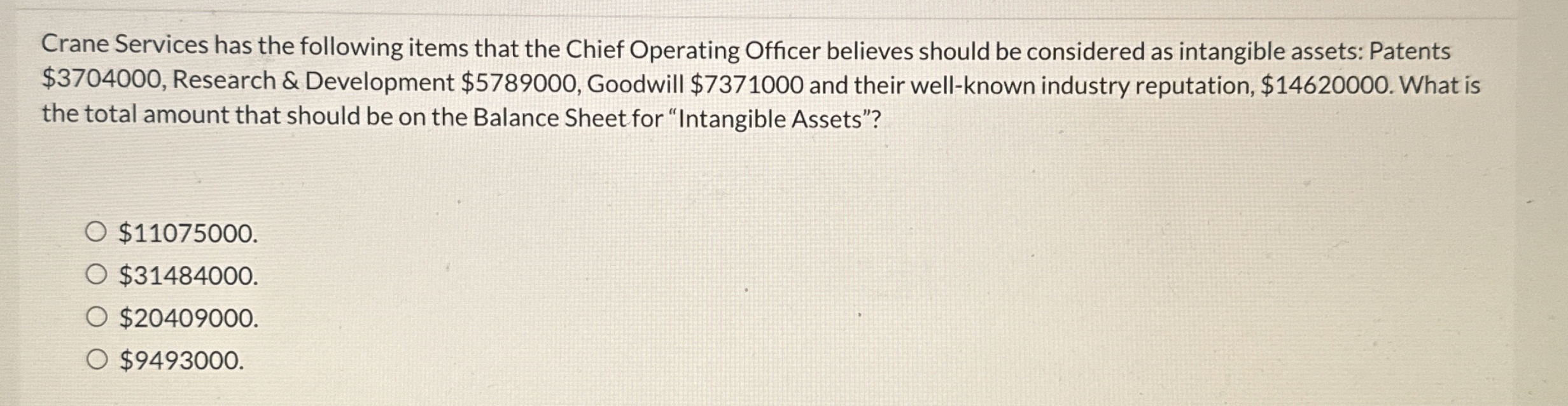 Crane Services has the following items that the